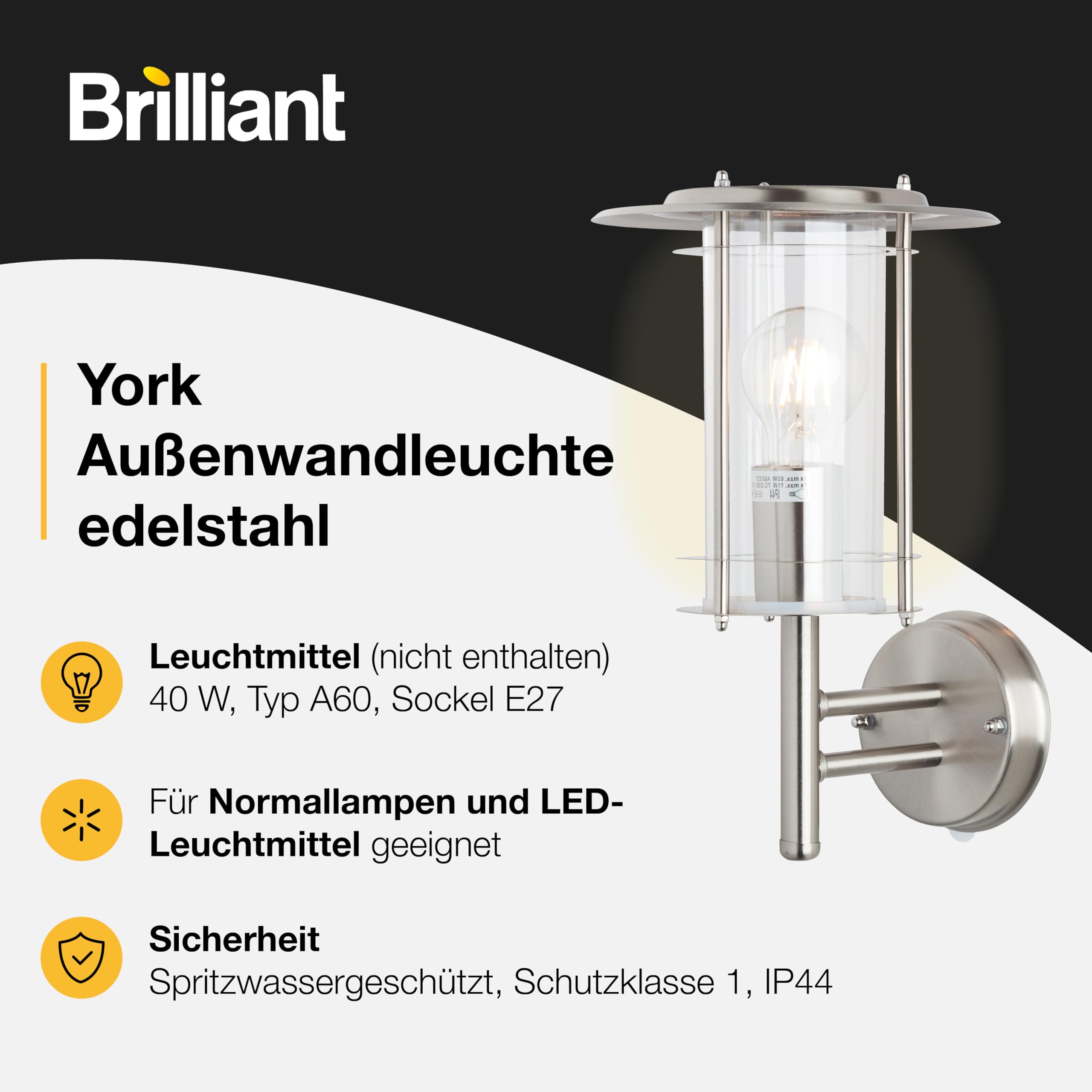 Brilliant York Wandleuchte edelstahl 44781/82 22 x 50 x 32 cm | Wetterfeste Wandlampe außen, Leuchtmittel nicht enthalten, robuste Außenbeleuchtung für die Hauswand