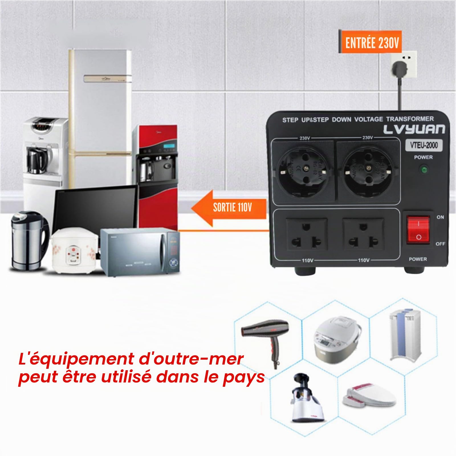 Cantonape 2000 VA Convertisseur de tension 220 V/110 V Transformateur élévateur/Réducteur de tension 2000 Watts USA - Sortie 110/120 Volts 220/230 Volts CA