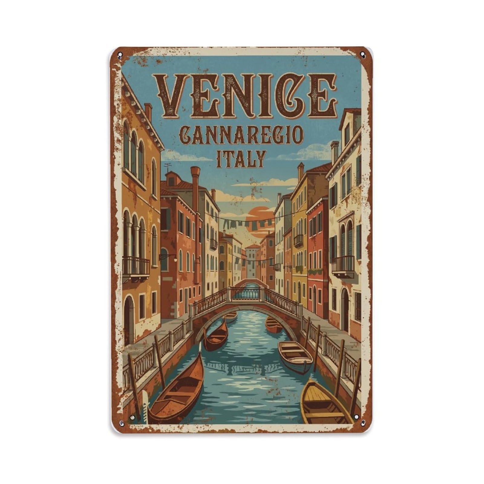 Vintage Travel Venice Cannaregio District Quiet Canals Rusted Italy Metal Tin Sign Plaque Wall Decor for Cafe, Club Bar, Office, Home Garden Metal Poster 8x12Inch