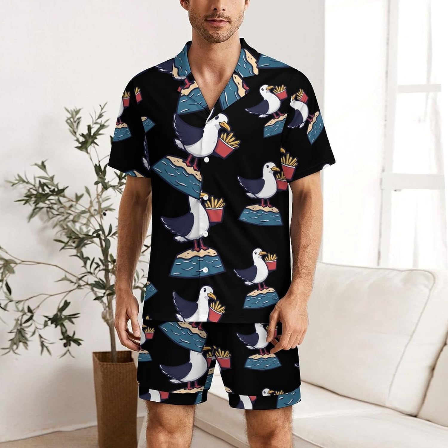 Seagull French Fries Men's Short Sleeve Pajama Set Satin Silk Like Lounge Sleepwear