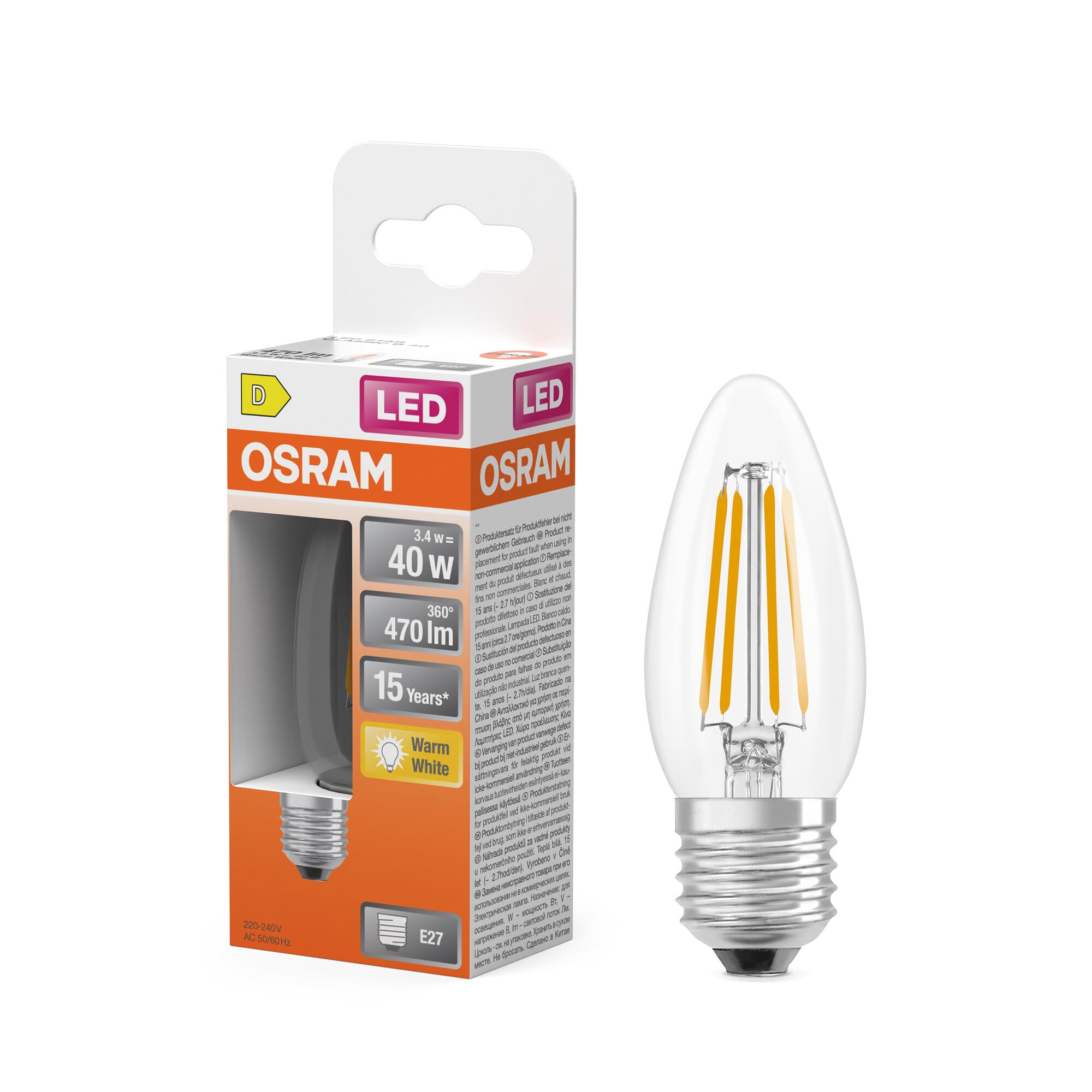 Osram LED-Lampe Star Kerzenform B40 Filament, 2700 K warmweiß, 3,4 W, E27, klar, 470 lm, 15.000h, für Kronleuchter, dekorative Einbauten