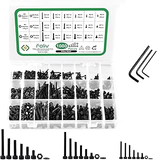 Foliv Kit 1080PCS M2 M3 M4 en Acier au Carbone Boulon à Tête Hexagonale Socket Tête Vis avec Écrous Assortiment (Noir)
