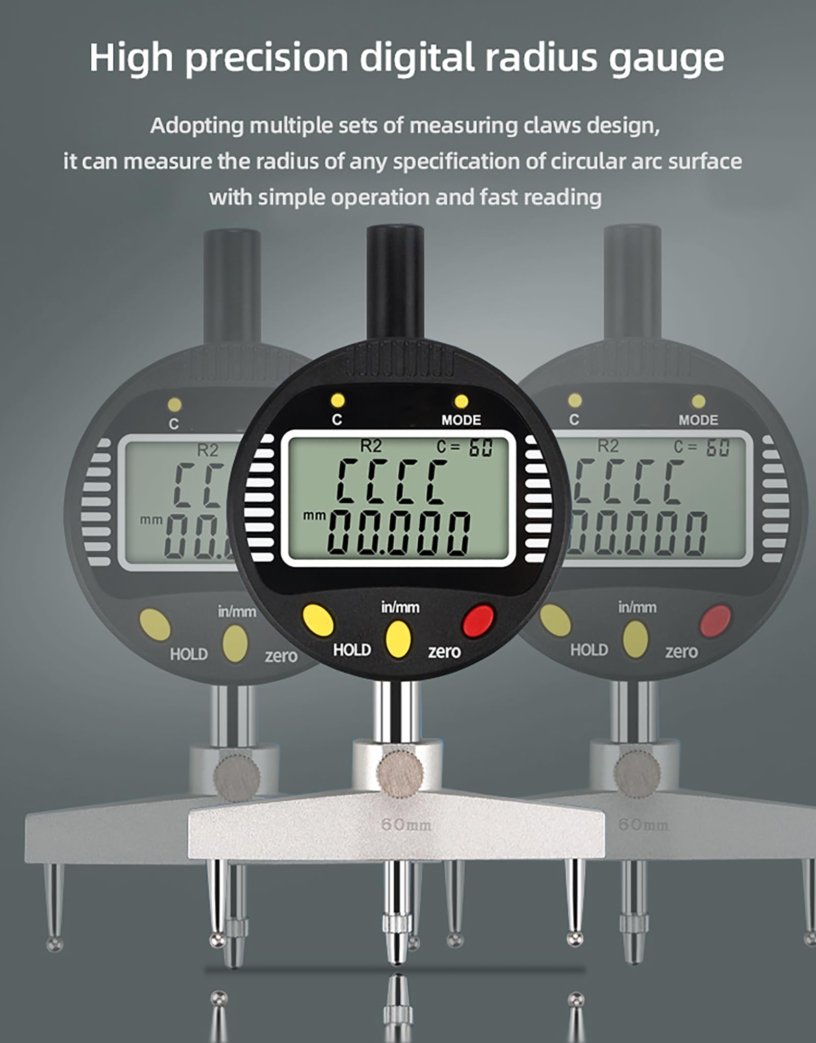 Digitales Messgerät für Innen- und Außenradius mit austauschbaren Messkrallen von 10 mm / 20 mm / 30 mm / 60 mm / 100 mm, linearer Bereich 0-12,7 mm