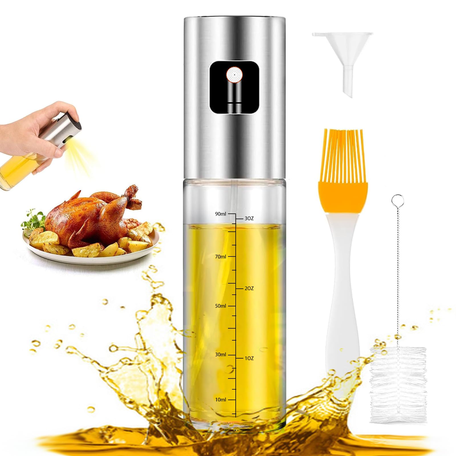 Aurldpio Transparent Oil Sprayer Dispenser Oil Spray Bottle Vinegar Sprayer Dressing Spray With Brush Portable Grilling Olive Oil Glass Bottle 100Ml Kitchen Gadgets For Salad Baking Bbq Air Fryer Roasting