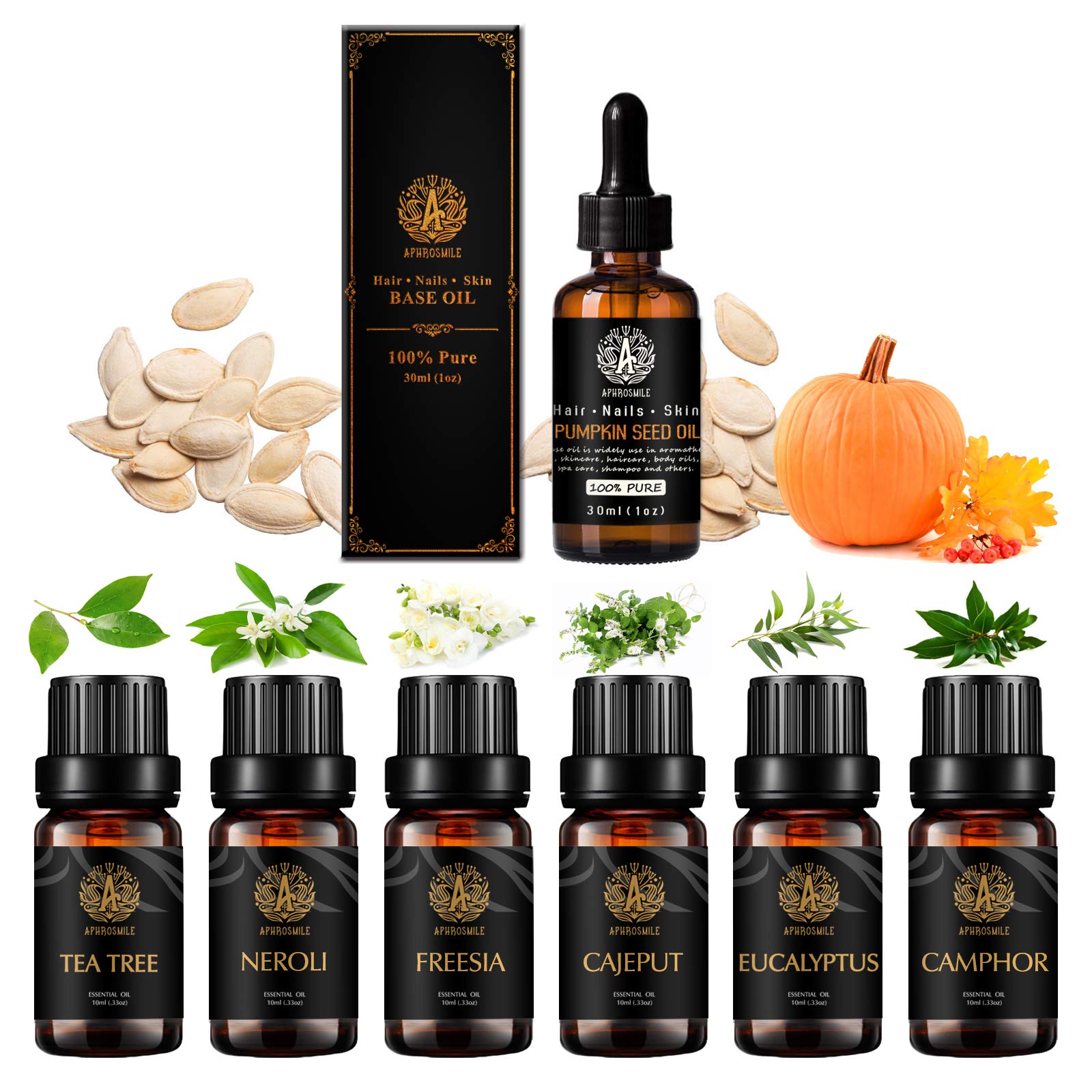 100% puro Neroli Aceite esencial set para difusor, 100% puro semilla de calabaza Aceite esencial, 7x10ml aromaterapia Fresia aceites Set -alcanfor, eucalipto, cajeput, árbol de té aceites para Massage