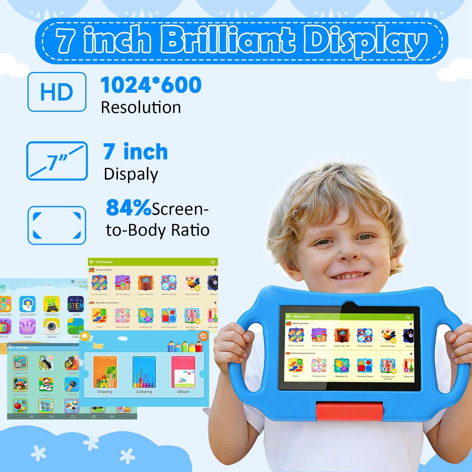Tablet per bambini 7 pollici Android 12.0 per bambini, 4 GB di RAM 32 GB ROM Bluetooth IPS schermo controllo parentale doppia fotocamera antiurto custodia per giochi educativi (blu)