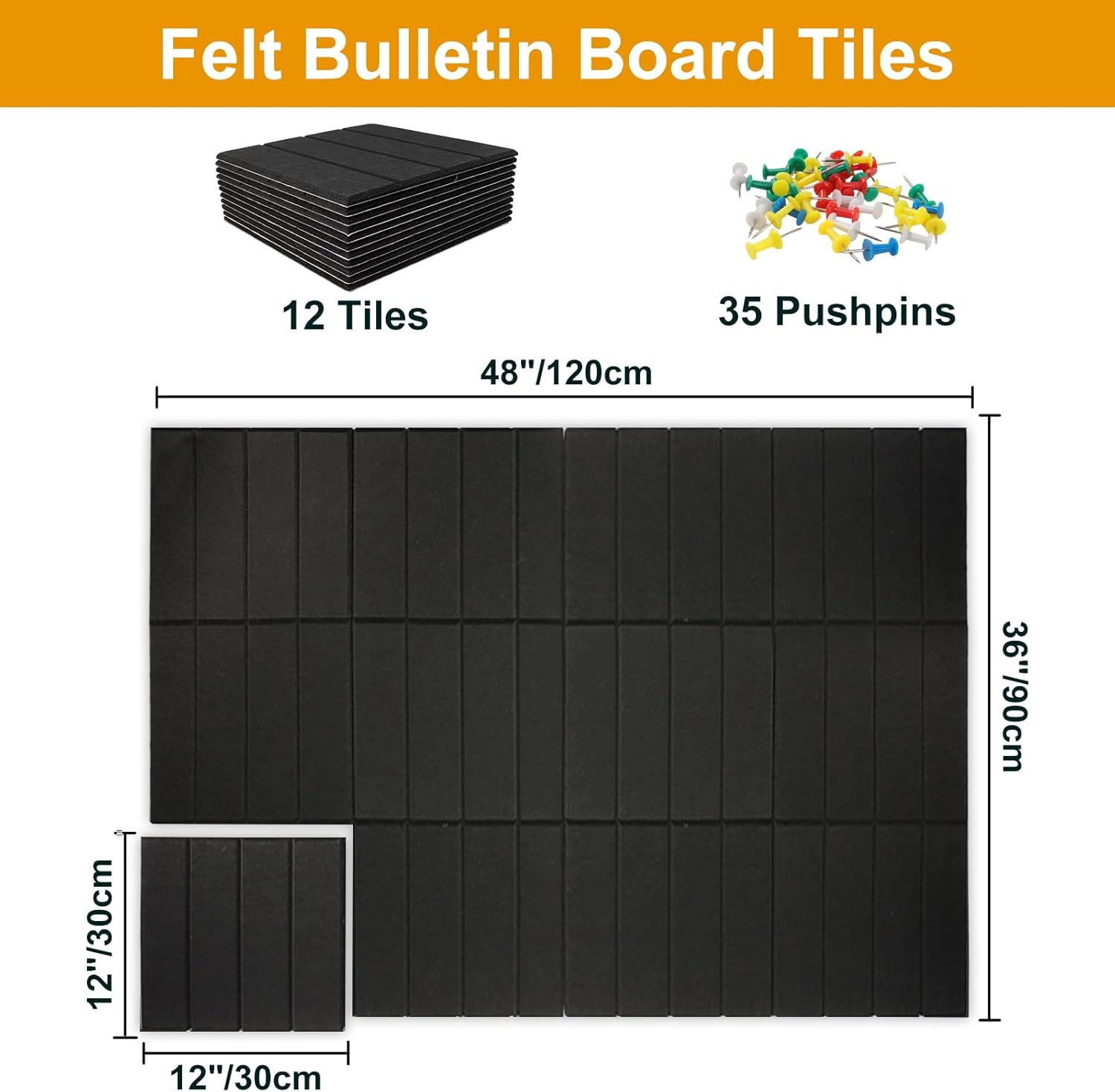 Large Bulletin Board 48"x36",Large Cork Board Alternative,Felt Bulletin Board Tiles with 35 Pushpins,12 Pack Felt Cork Board Tiles with Self Adhesive for Office Pin Board, Home & Classroom