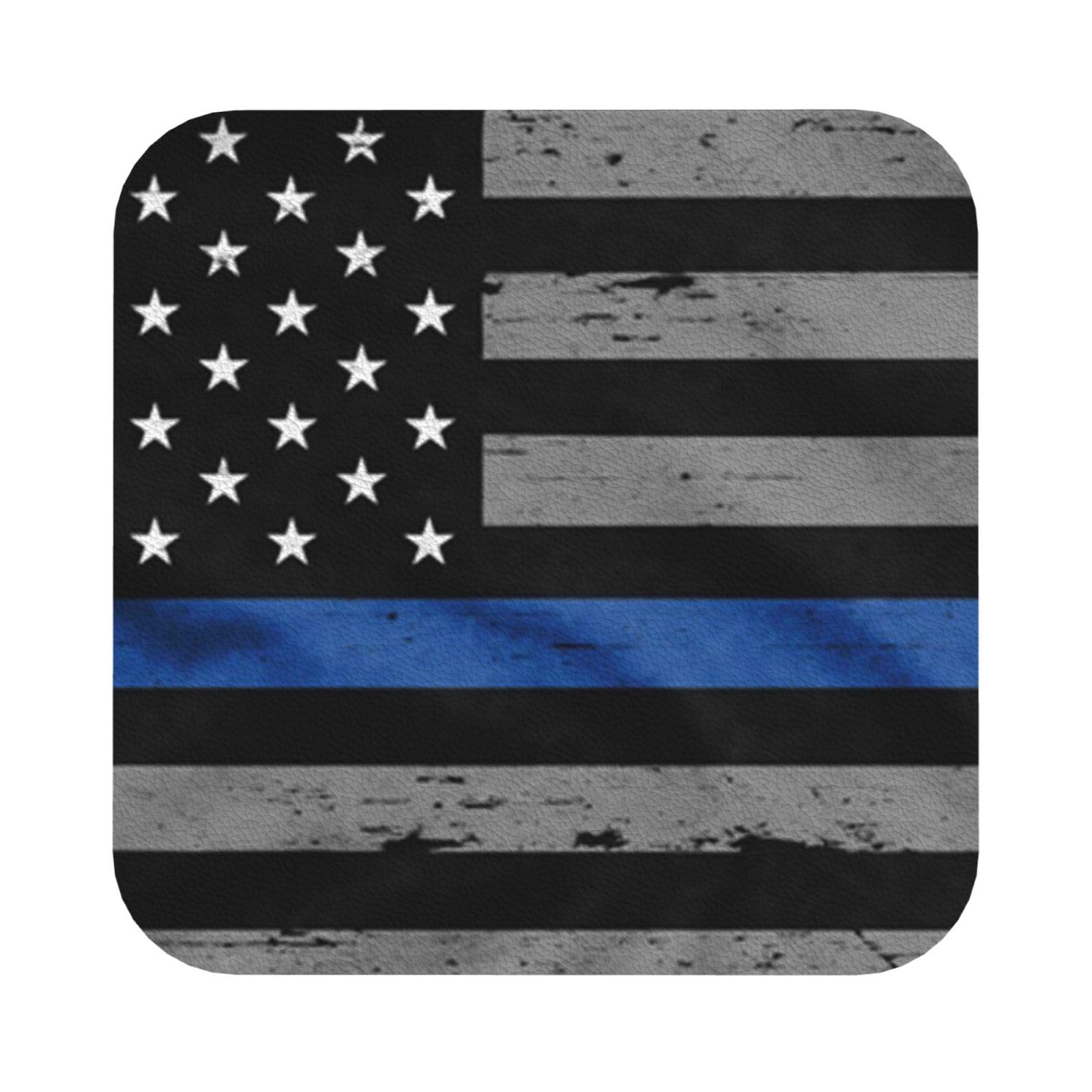 American Thin Blue Line Flag PU Leather Coasters Set of 6 Square Drink Coasters