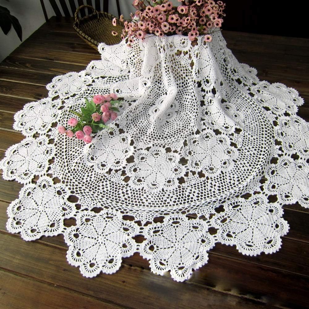 Hetao 100% Cotton Handmade Crochet Round Tablecloth Doilies Lace Table Covers,White, 63 Inch