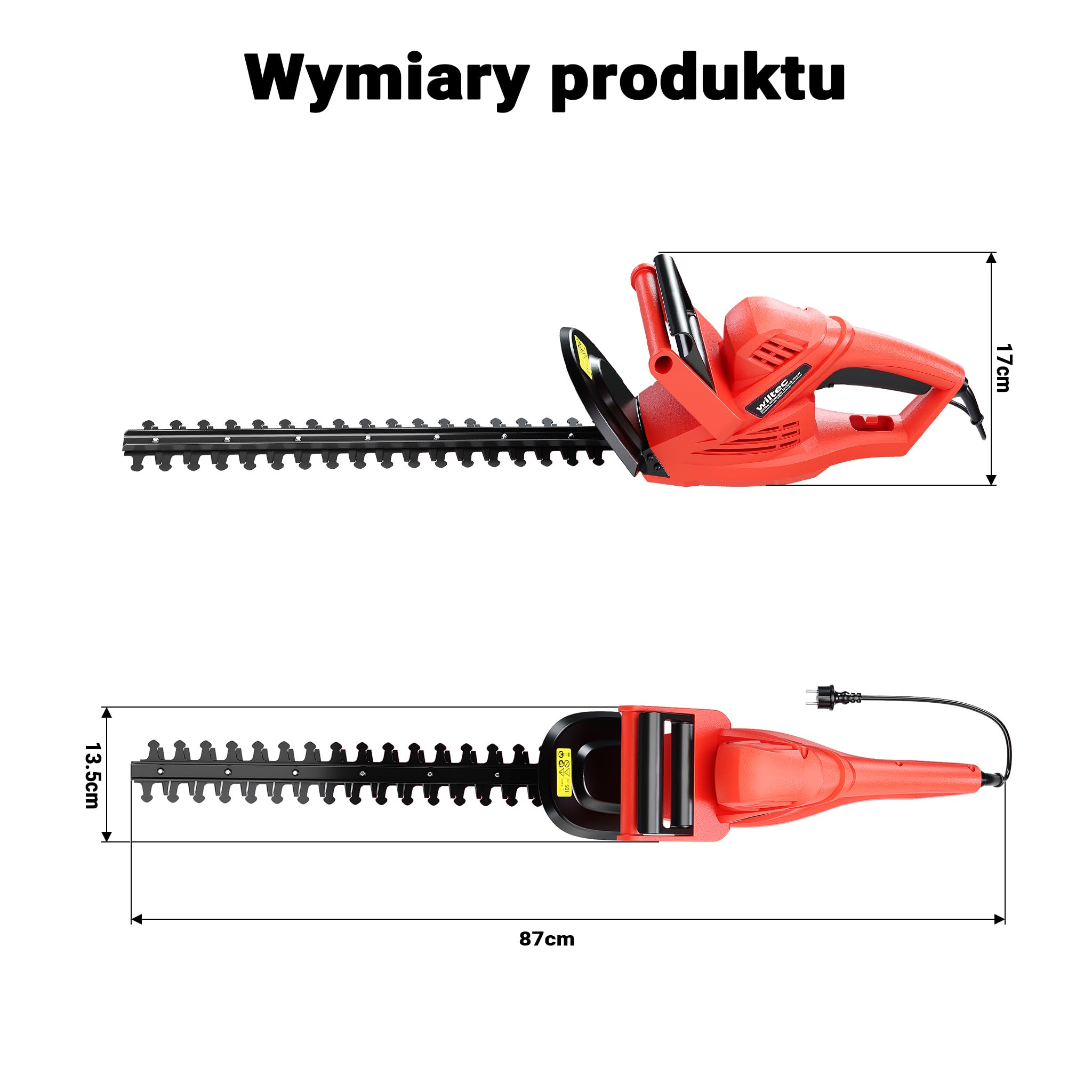 Elektryczne nożyce do żywopłotu Wiltec 520 W, nożyce do żywopłotu o długości cięcia 450 mm, piła do żywopłotu z hamulcem szybkomocującym, kosa spalinowa z osłoną dłoni