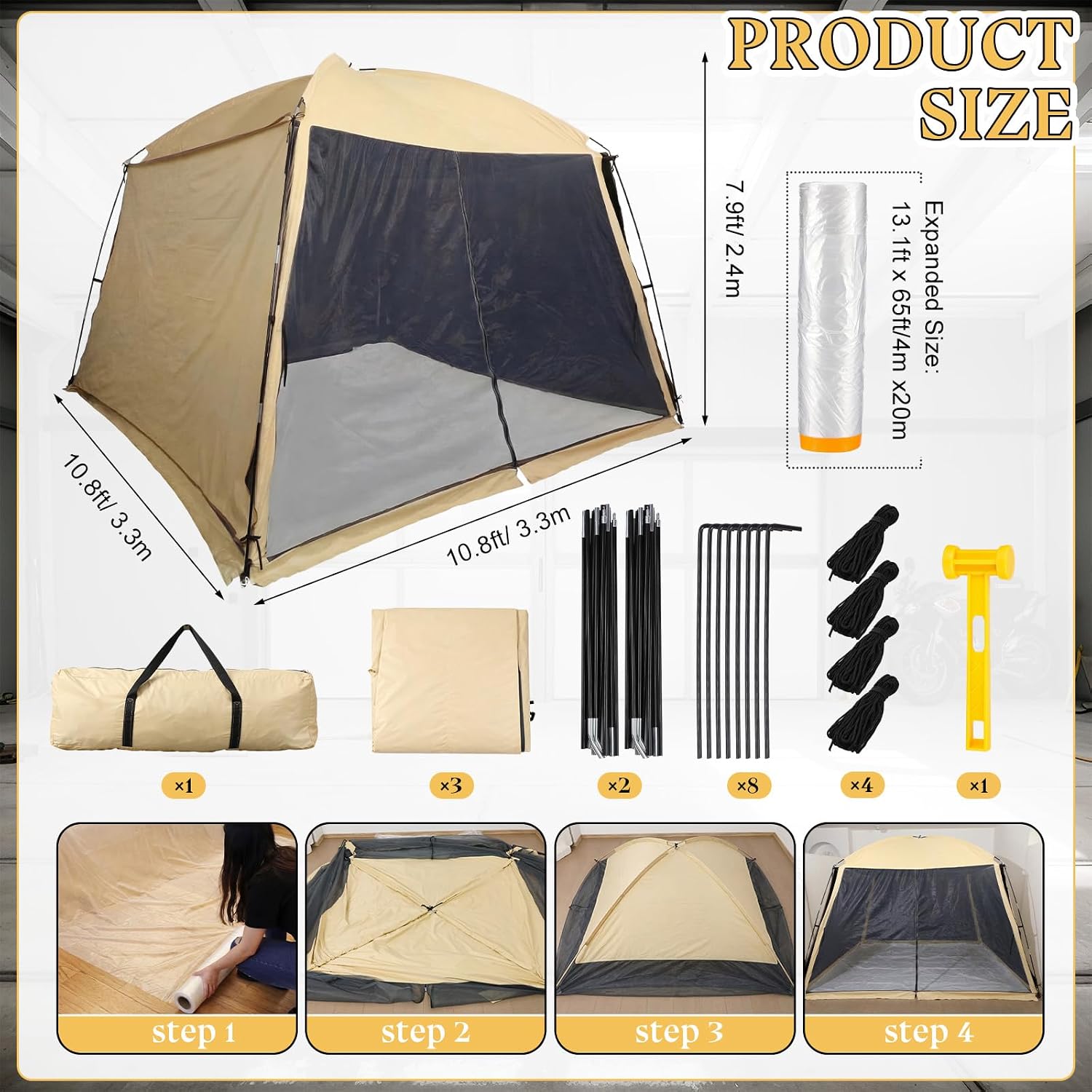 Maasechs Portable Paint Booth Tent 10.8 x 10.8 x 7.9 FT Extra Large Spray Paint Tent with Removable Walls Mesh Screen Floor Protection Plastic Film for DIY Furniture Hobby Tool Spray Shelter Painting