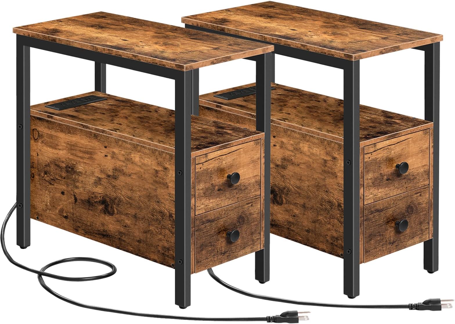 HOOBRO End Table with Charging Station, Narrow Side Table with 2 Drawer & USB Ports & Power Outlets, Nightstand for Small Spaces, Stable and Sturdy, for Living Room, Bedroom, Rustic Brown BF541BZP201