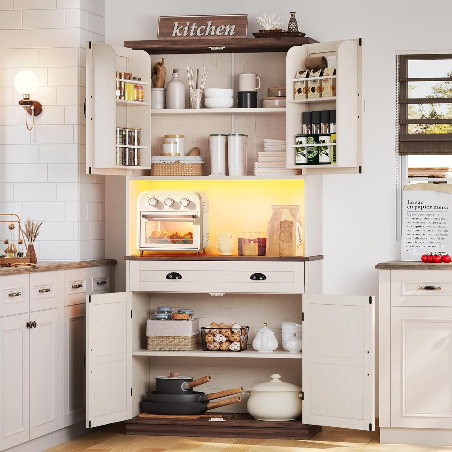 Farmhouse Kitchen Pantry Cabinet with Operation Table, 72.6″ Storage Cabinet with LED Lights and Power Strip, Adjustable Shelves for Dining Room, Bathroom, Living Room (White Brown) Farmhouse Kitchen Pantry Cabinet with Operation Table, 72.6″ Storage Cabinet with LED Lights and Power Strip, Adjustable Shelves for Dining Room, Bathroom, Living Room (White Brown)