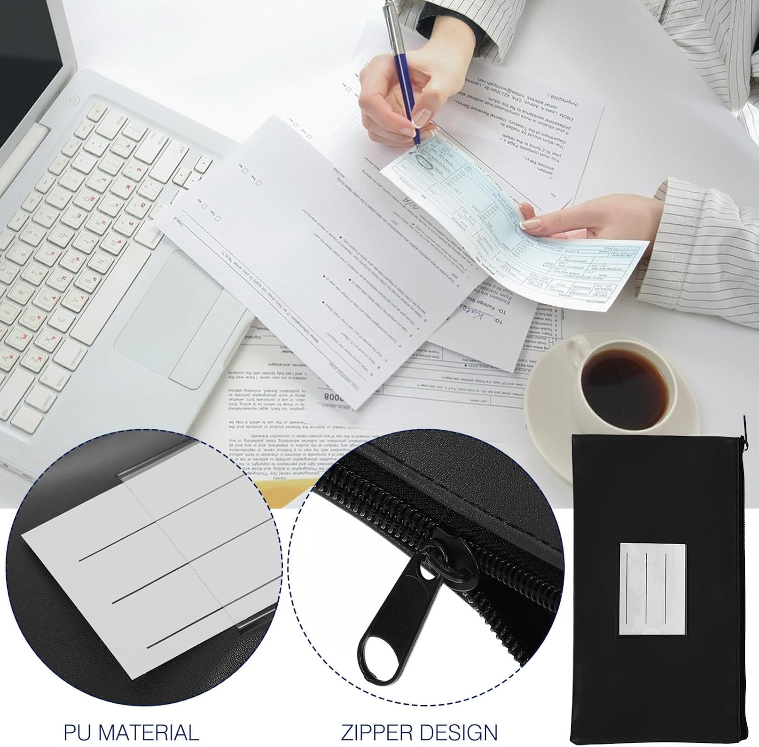 Veemoon Pu Leather Money Pouch with Zipper for Cash and Receipts Cash Bag with Card Slot Window Black Money Organizer Pouch for Bank Deposits
