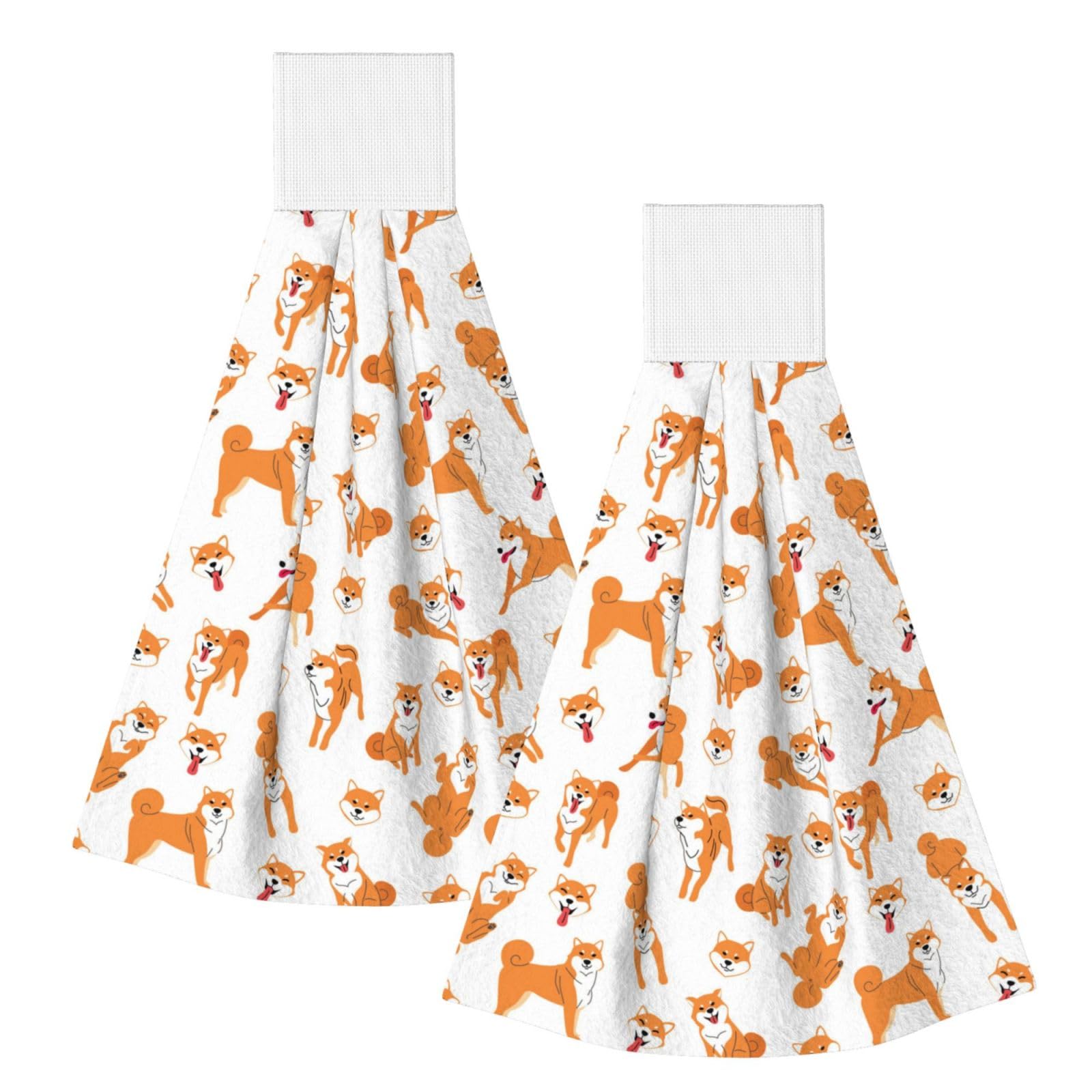 DOPKLNA Shiba Inu Dog Pattern, 2 Pcs Hanging Coral Fiber Hand Towels for Bathroom, Absorbent Kitchen Towels