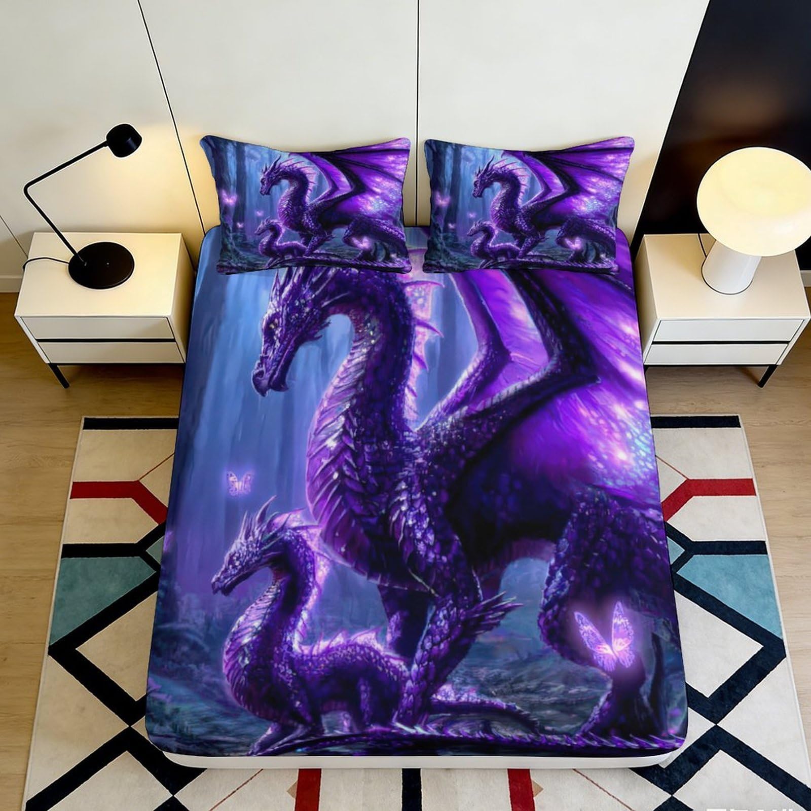 3D Printed Purple Dragon Fitted Sheet Microfiber Bedroom Decor Fantasy Dragon Mattress Cover for Home Dorm Room 90x200x25cm