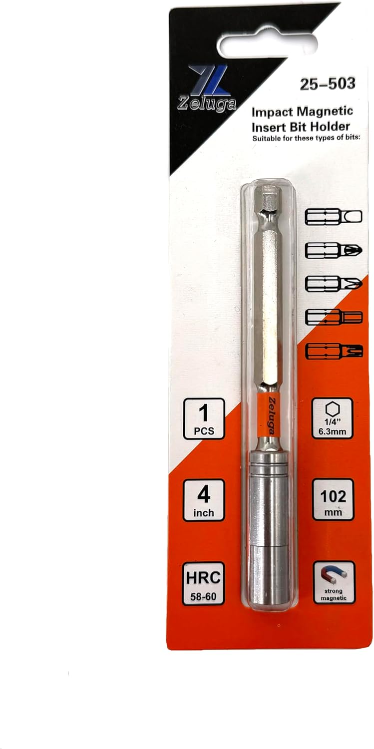 Zeluga 25-503 4'' Magnetic Insert Bit Holder, 1/4" Hex Shank Drill Bit Extender, Impact Driver Bit Holder Fits All Insert and Drive Bits