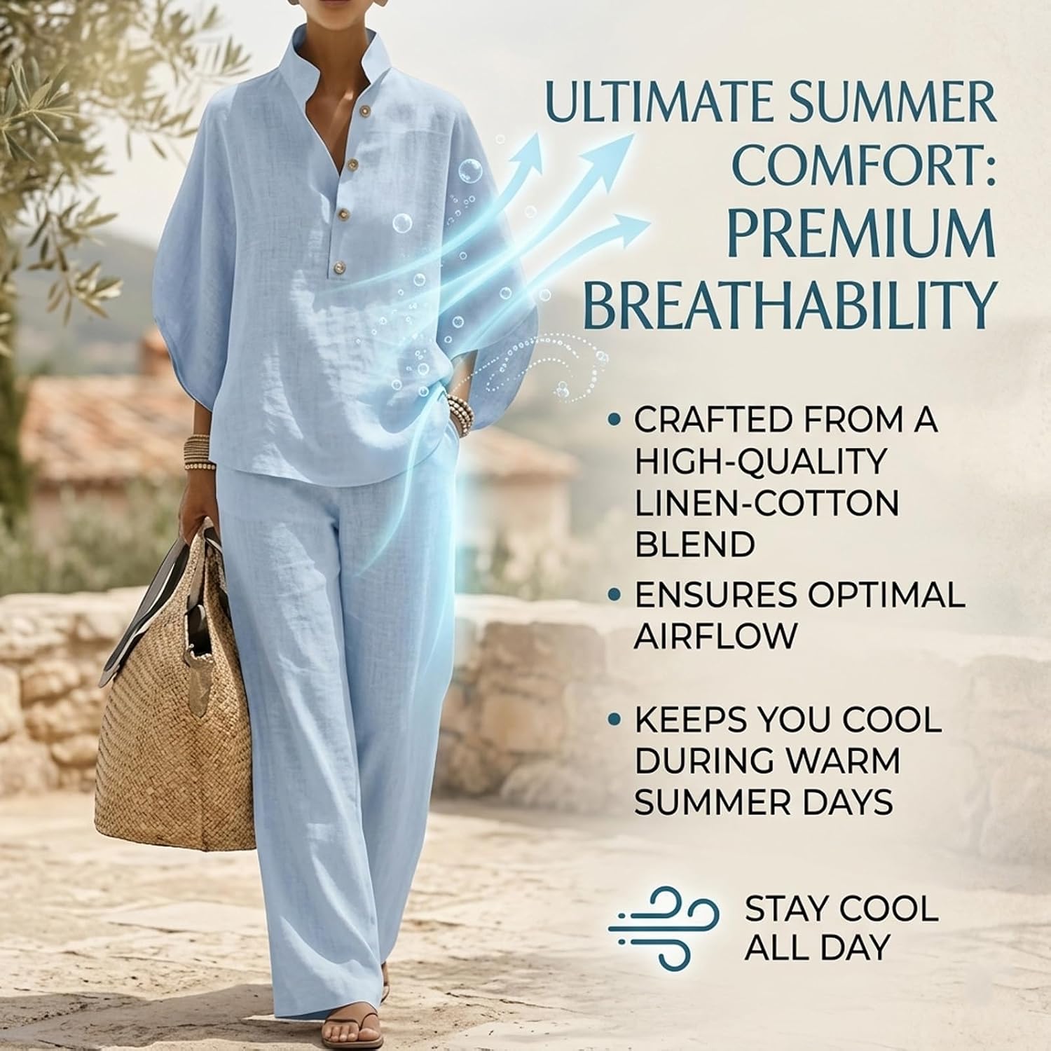 Women’s Batwing Sleeve Linen Cotton Two-Piece Set Casual Casual Shirt & Wide Leg Pants Outfit Fit Summer Travel Set