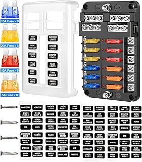 Telsitine 12 Way Fuse Box, 12V Blade Fuse Block, 12 Circuit W/Negative Bus Waterproof Fuse Box Holder with LED Indicator for 12V/24V Automotive Golf Cart Truck Car Boat Marine RV Van Vehicle