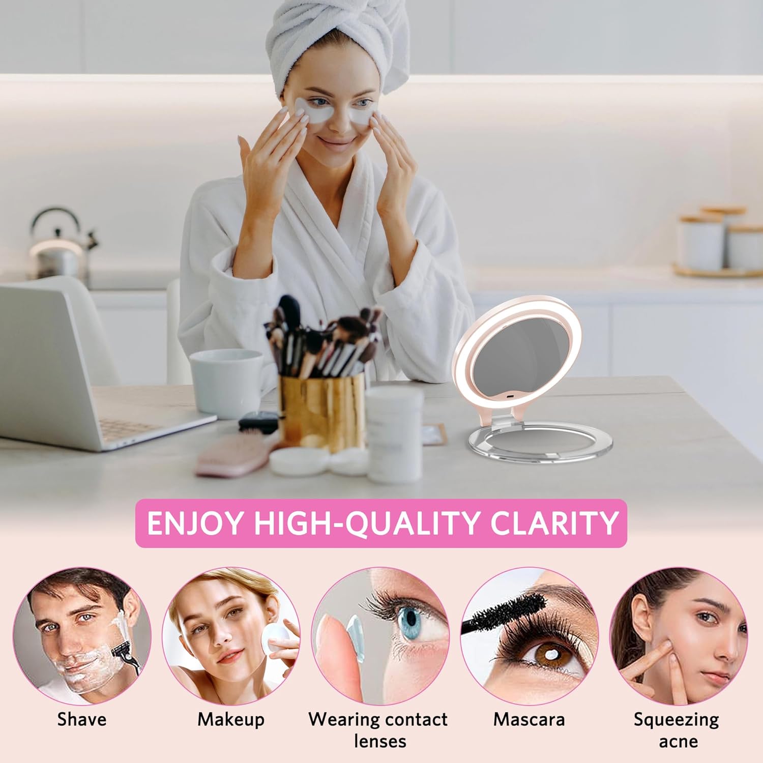 WEILY Magnifying Mirror with Light, 10X/1X Magnification Double-Sided Travel Makeup Mirror, with 3 Color Lights, Touch Control, Rechargeable Portable Mirrors for Bedroom, Bathroom (Pink) - Image 8