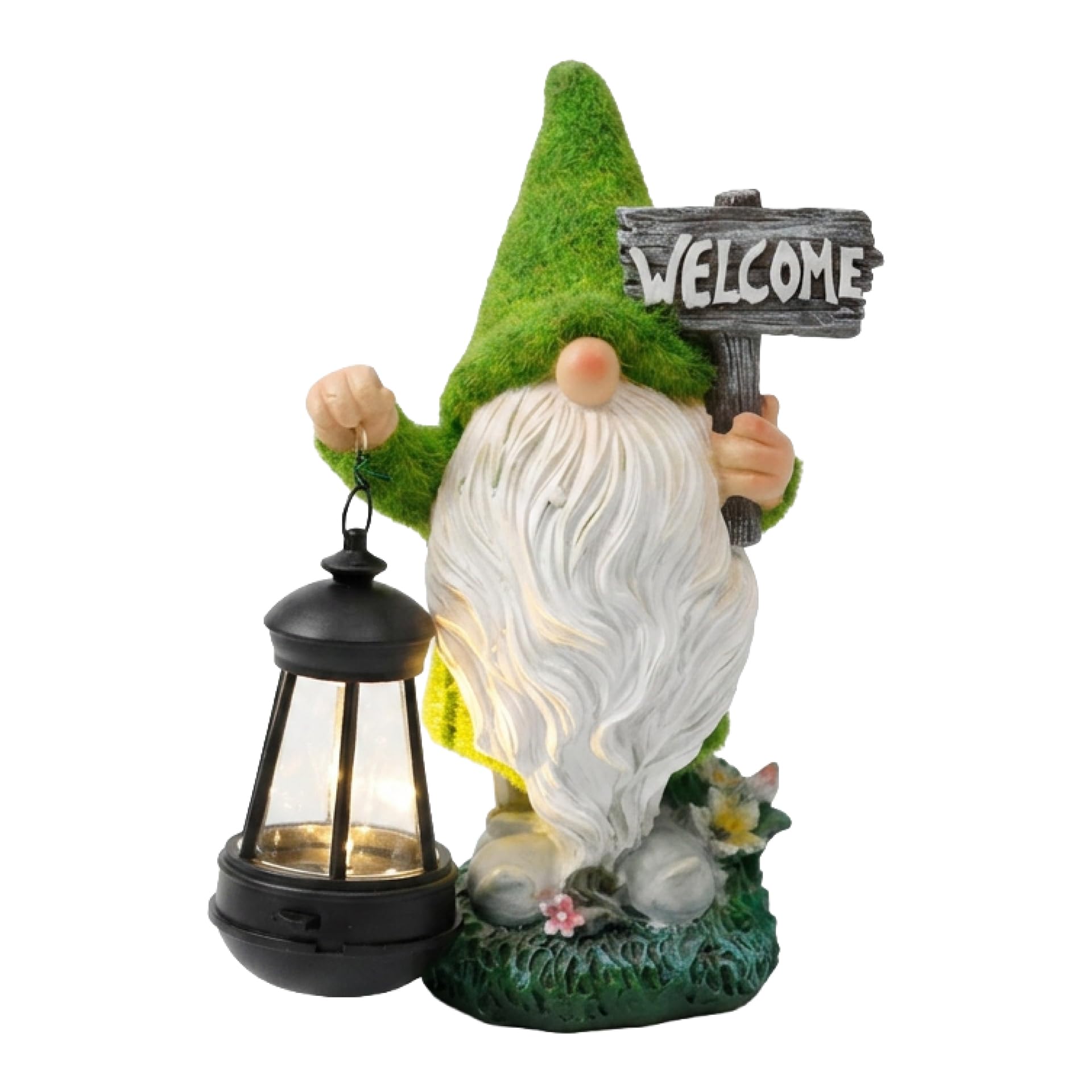 Gardenwize Grey/Green Solar Welcome Garden Gnome With Lantern – Solar-Powered Led Outdoor Garden Ornament, Eco-Friendly Patio And Balcony Décor