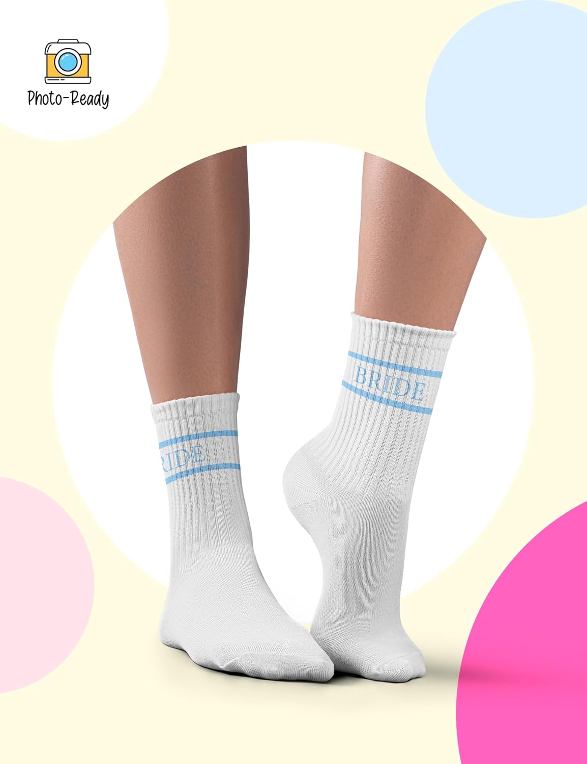 Bride Socks for Wedding Day "Something Blue" | Cute Novelty Crew Socks for Bride to Be | Bachelorette Party Gifts, Bridal Shower, Engagement Gift | White Cotton Casual Socks with Blue "BRIDE" Writing - Image 6