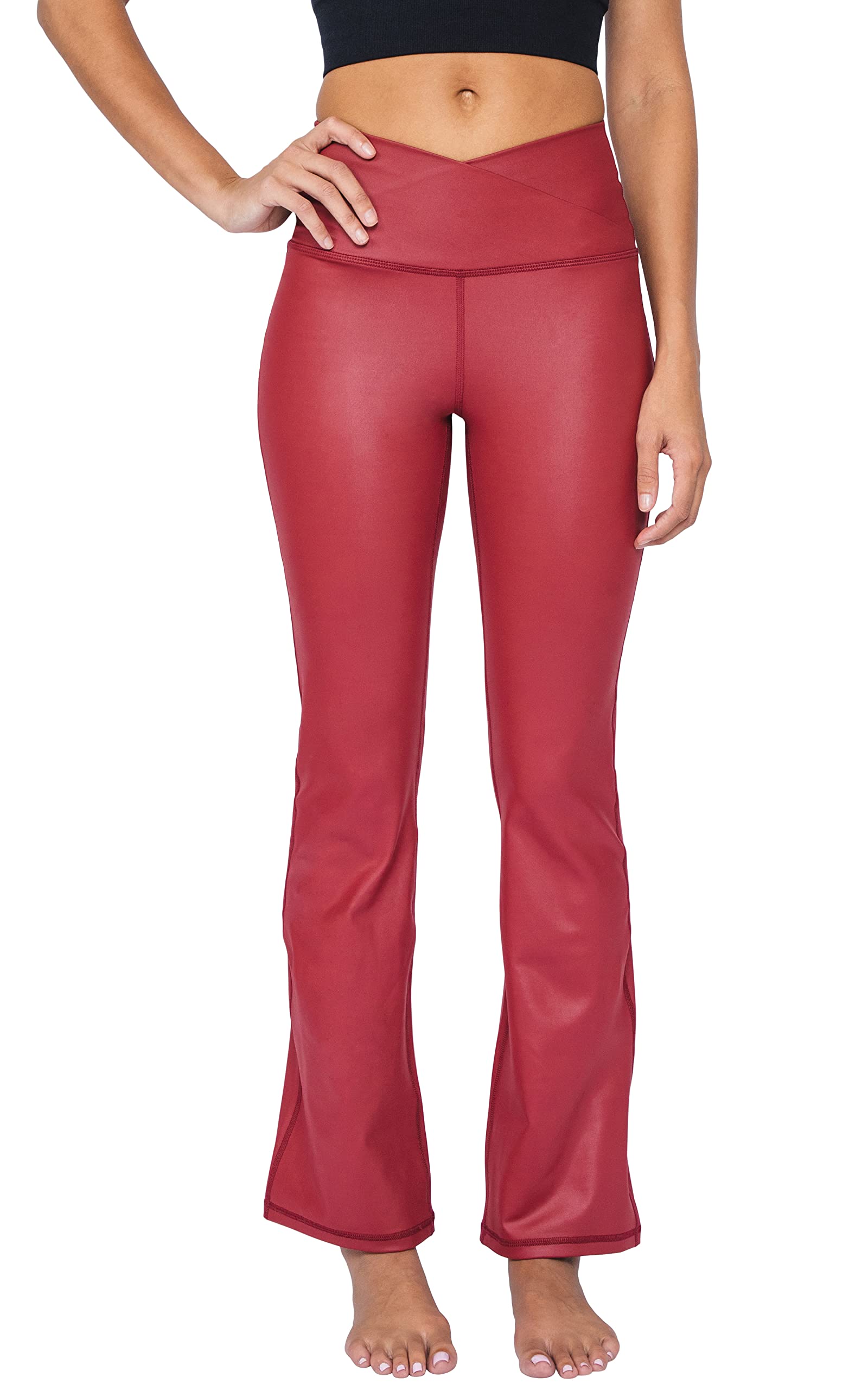 90 Degree By Reflex Faux Leather Flared Leg Yoga Pants - Squat Proof Interlink V-Back Cire Leggings - Rhubarb Crossover Waistband - XL