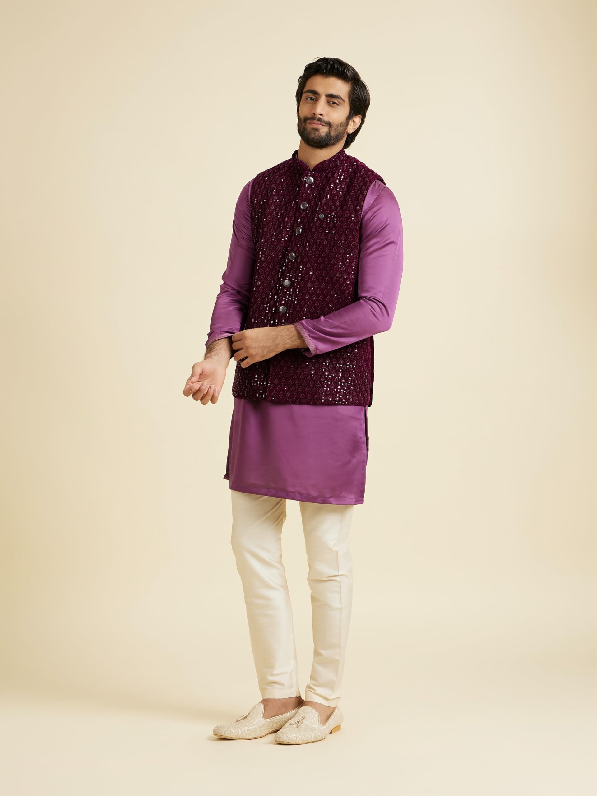 Manyavar Men's Velvet Sequinned Nehru Jacket(Wine,XL) 2