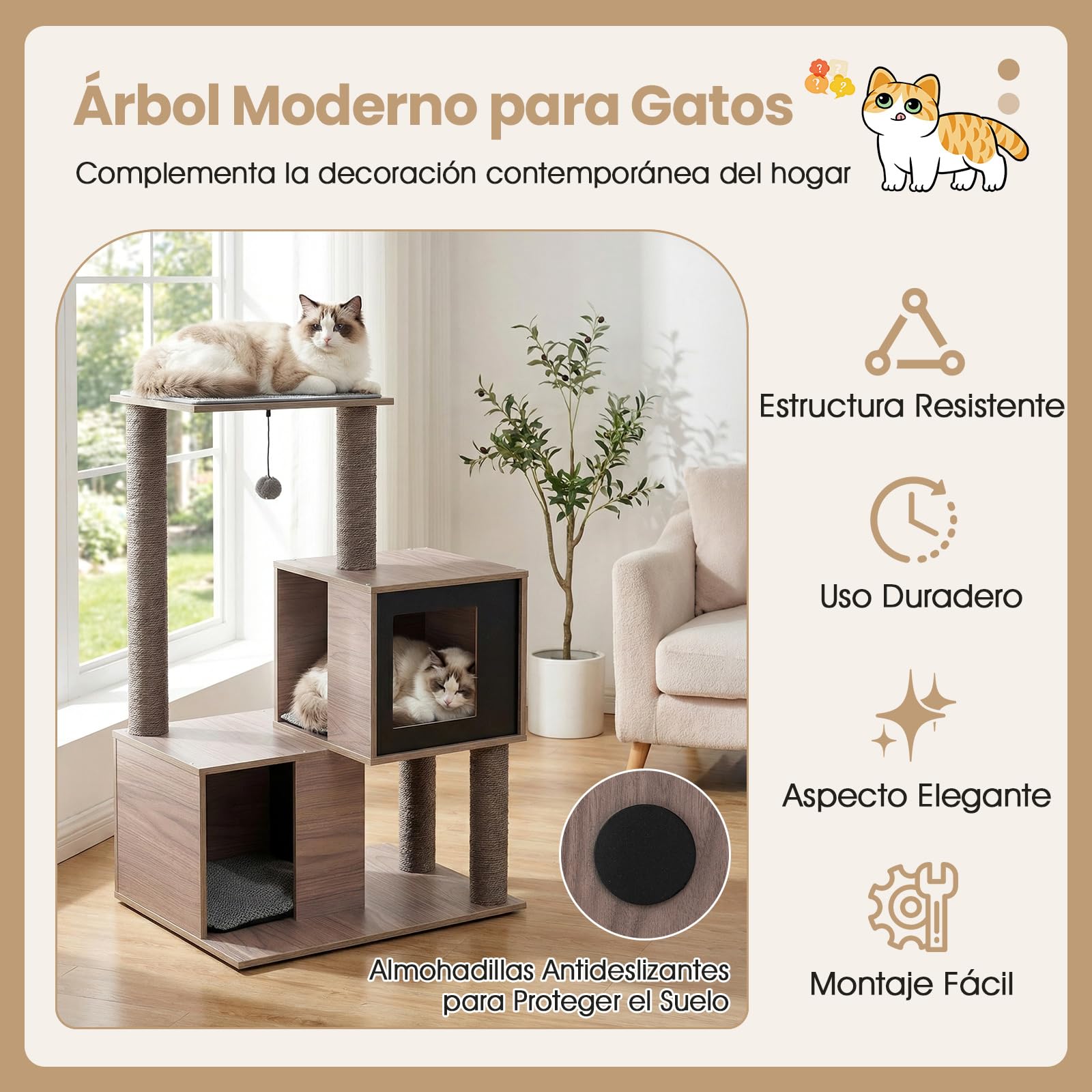 COSTWAY Mueble Rascador para Gatos, 93 cm Torre de Gatitos de Madera Multinivel con Poste Rascador de Sisal, Condominios, Percha, Cojines y Alfombrilla Extraíbles, Árbol Rascador para Gatos