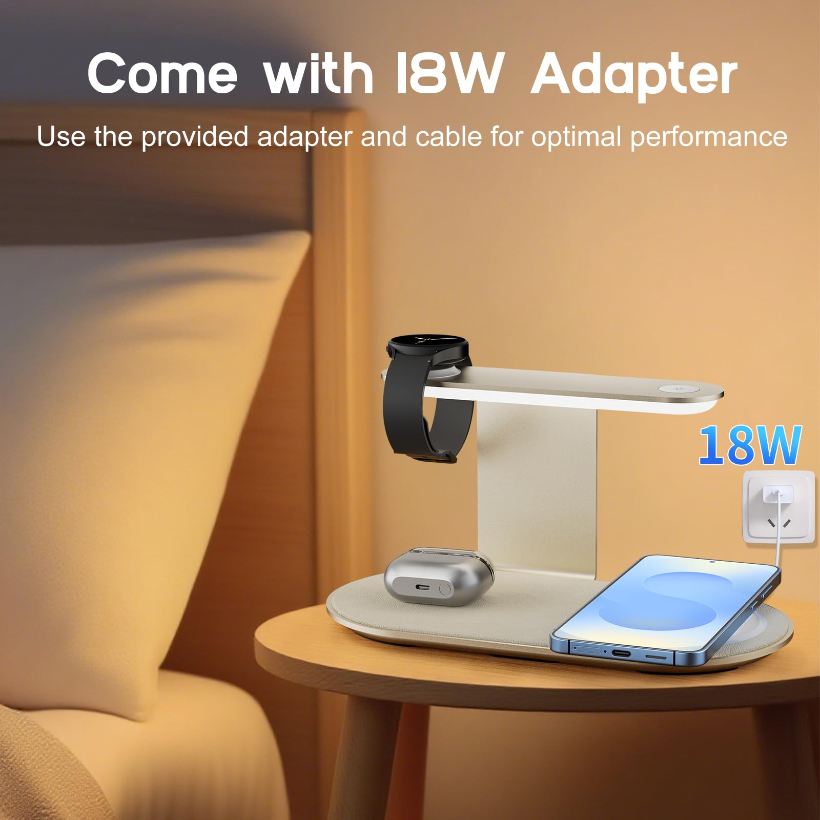 Estación de carga inalámbrica de metal para Samsung / Android Charger, 4 en 1, soporte de carga de reloj con luz nocturna para Samsung S25/S24/S23 Ultra/Buds3, solo para Galaxy Watch 8/7/6/5