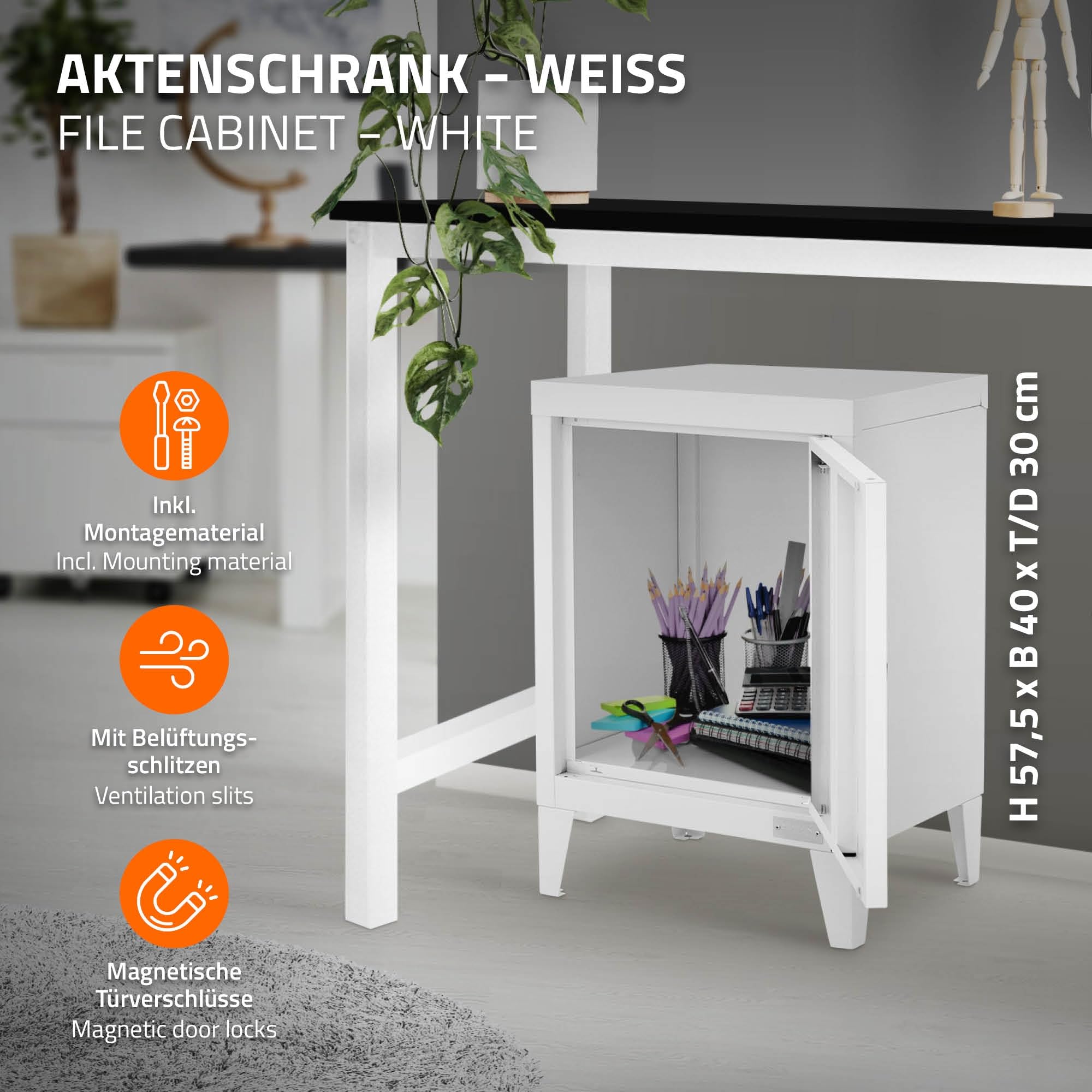 ML-Design uniwersalna szafka metalowa bialy 40x30x57,5 cm stalowa z drzwiami kompaktowa szafka biurowa mala szafka na dokumenty i do przechowywania szafka boczna kawowa do salonu biura sypialni
