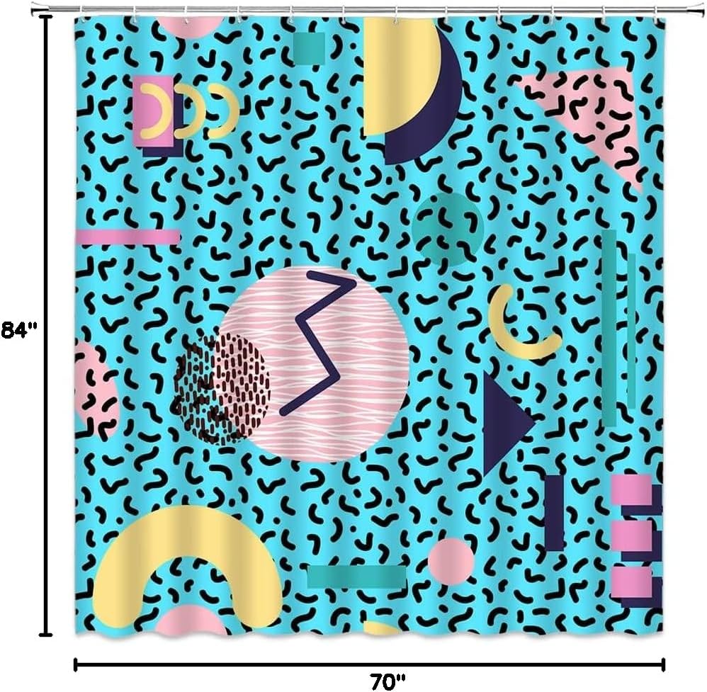90s Shower Curtain Vintage Geometric Memphis Fashion 80s Retro Asbtract Round Half Moon Triangle Shapes Bathroom Polyester Curtain with Hooks