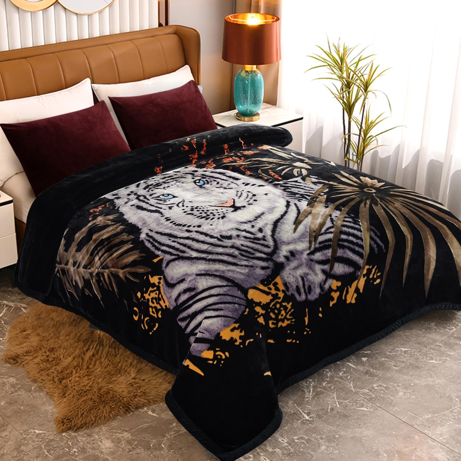 JYK Flannel Fleece Blanket King Size 85" x 93", 10 LB Heavy Korean Style Mink Blanket, Thick Winter Bed Blankets, 2 Ply Printed Raschel Bed Blanket, Tiger Design - Image 7