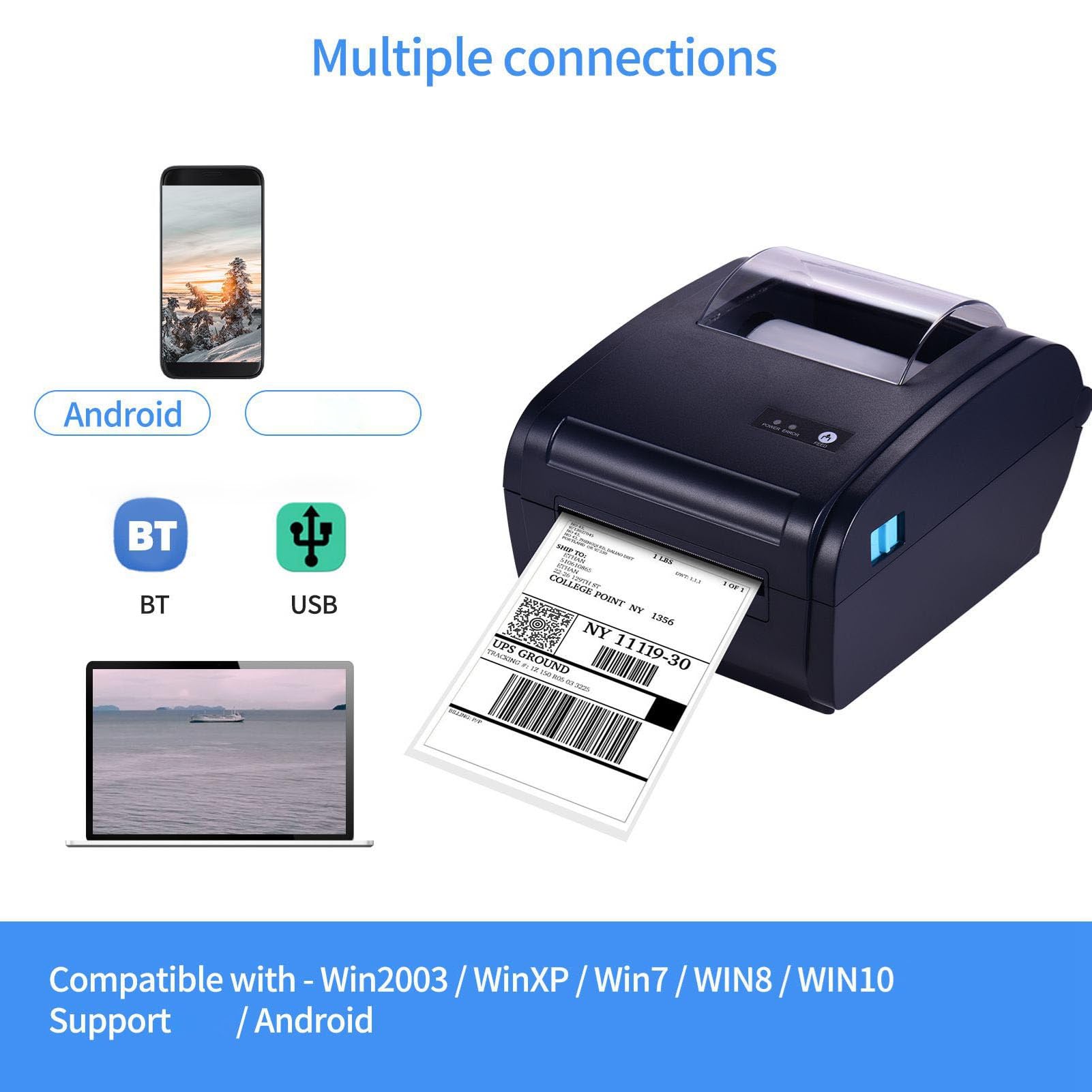 HUIOP Shipping Label Printer,Stampante Termica da Tavolo per Etichette da imballaggio 4x6 160 mm/s Stampante di connessione USB e BT ad Alta velocità Adesivo per etichettatrice Larghezza Massima