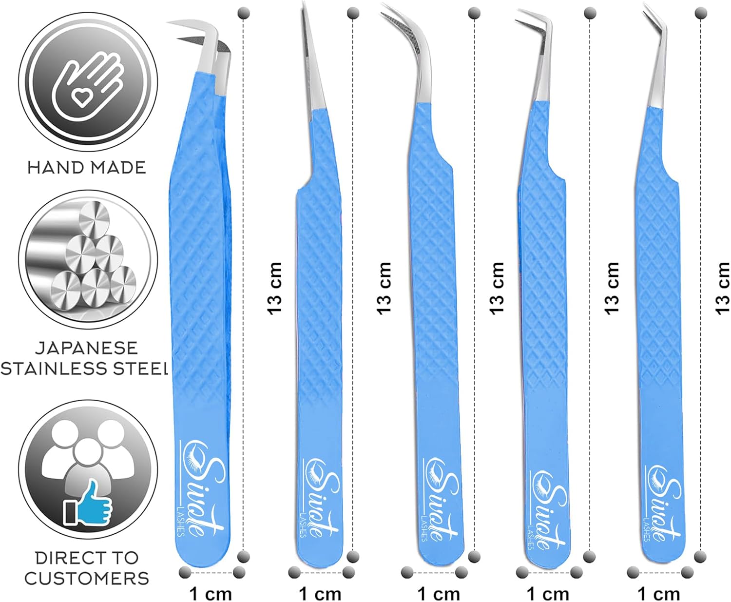 Lash Tweezers for Eyelash Extensions, Pack of 5, Blue, Diamond Grip