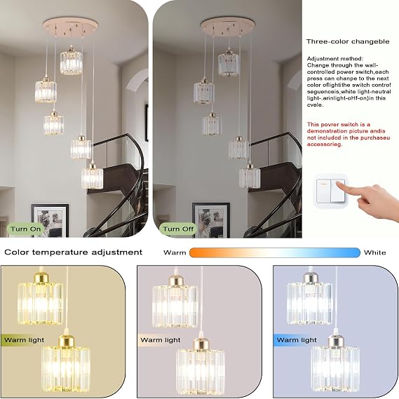 5 Light Raindrop Crystal Chandelier Gold | Long Pendant Light for High Ceilings Staircase Foyer Entryway and Living Room [Energy Class E]