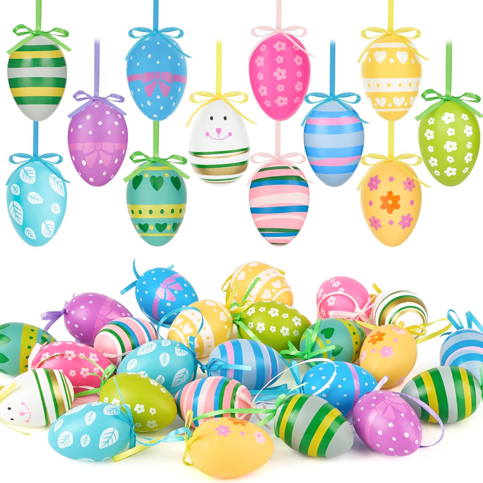 JOERSH 24Pcs Easter Eggs Hanging Ornaments, Colorful Plastic Easter Tree Decorations, Hand Painted Eggs for DIY Crafts, Basket Decors, Party Favors, Home Supplies