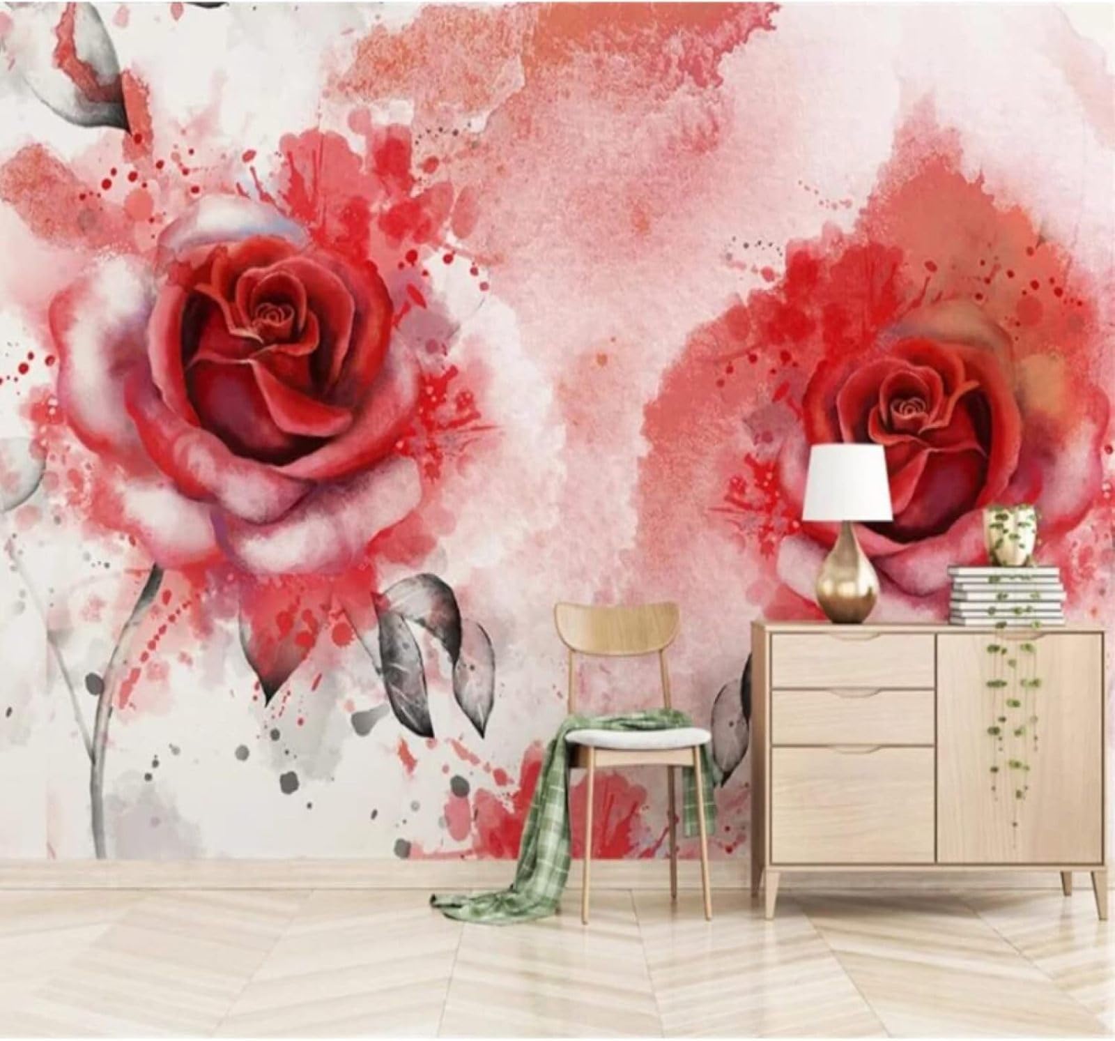 XLMING Hand Painted Watercolour Beautiful Red Rose 3D Wallpaper Luxury Home Dining Decor Paste Sofa Living Room The Wall for Bedroom Mural-150cm×105cm