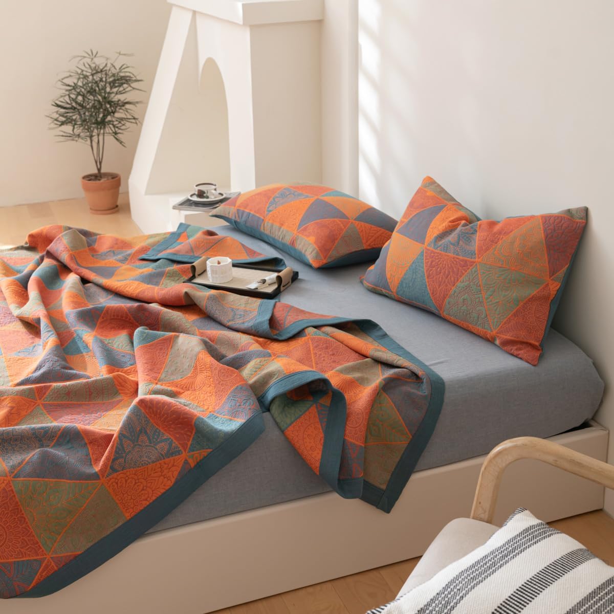 100% Cotton Muslin Blanket Jacquard Bohomian Mandala Triangle Print Quilt, Soft Bed Cover Reversible Bedspread Coverlet Breathable Lightweight Bedding Full/Queen(78"x94"), No Pillow Sham - Image 3