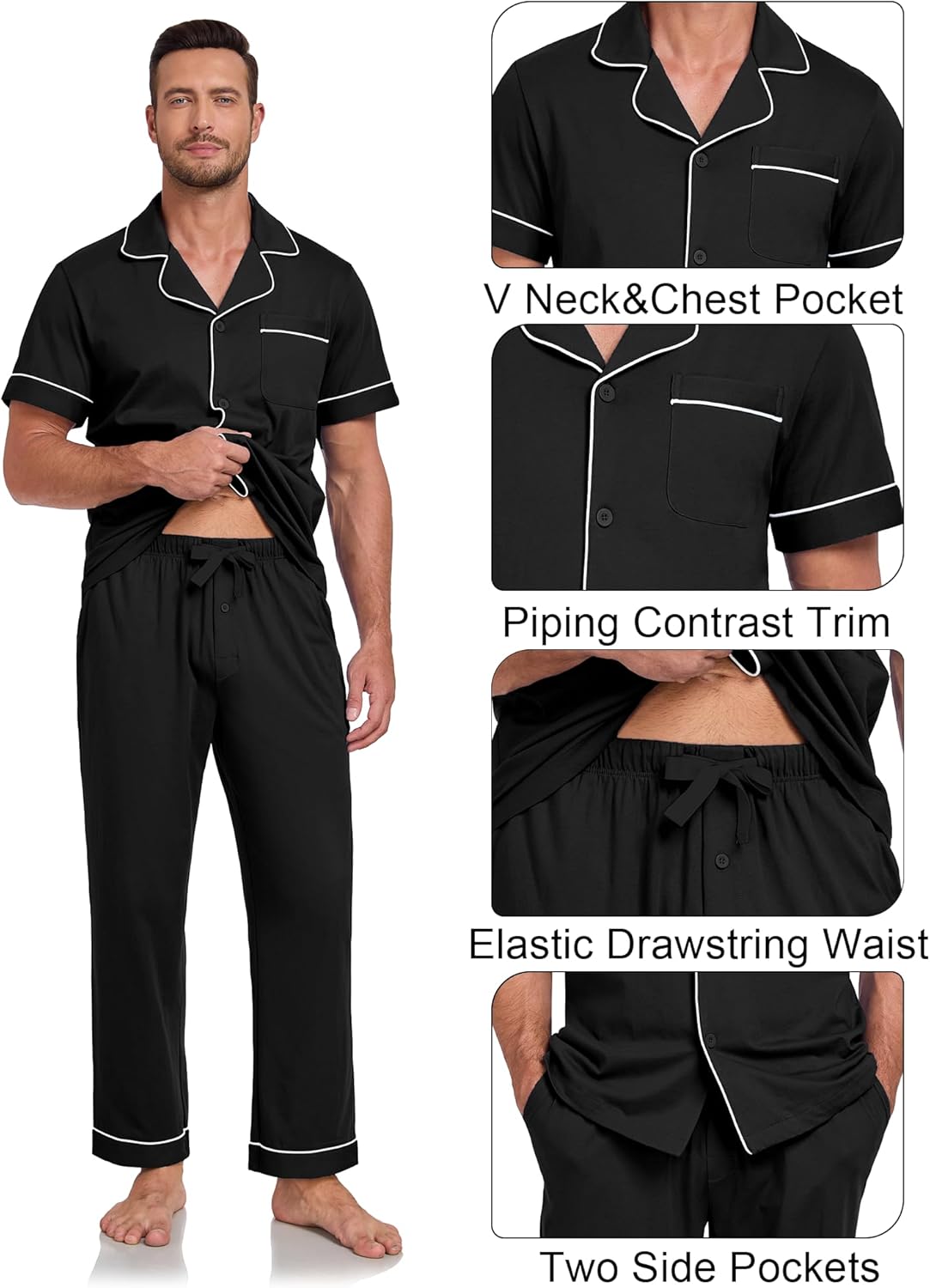 COLORFULLEAF 100% Cotton Mens Pajamas Set Short Sleeve Loungewear with Long Pants Button Down Sleepwear Soft Comfy Pj for Men - Image 4