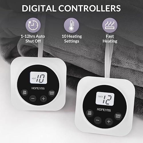 Miniatura 2 de HOMLYNS Manta eléctrica tamaño Queen con control doble, manta térmica con temporizador de 1-12 horas de apagado automático y 10 niveles de