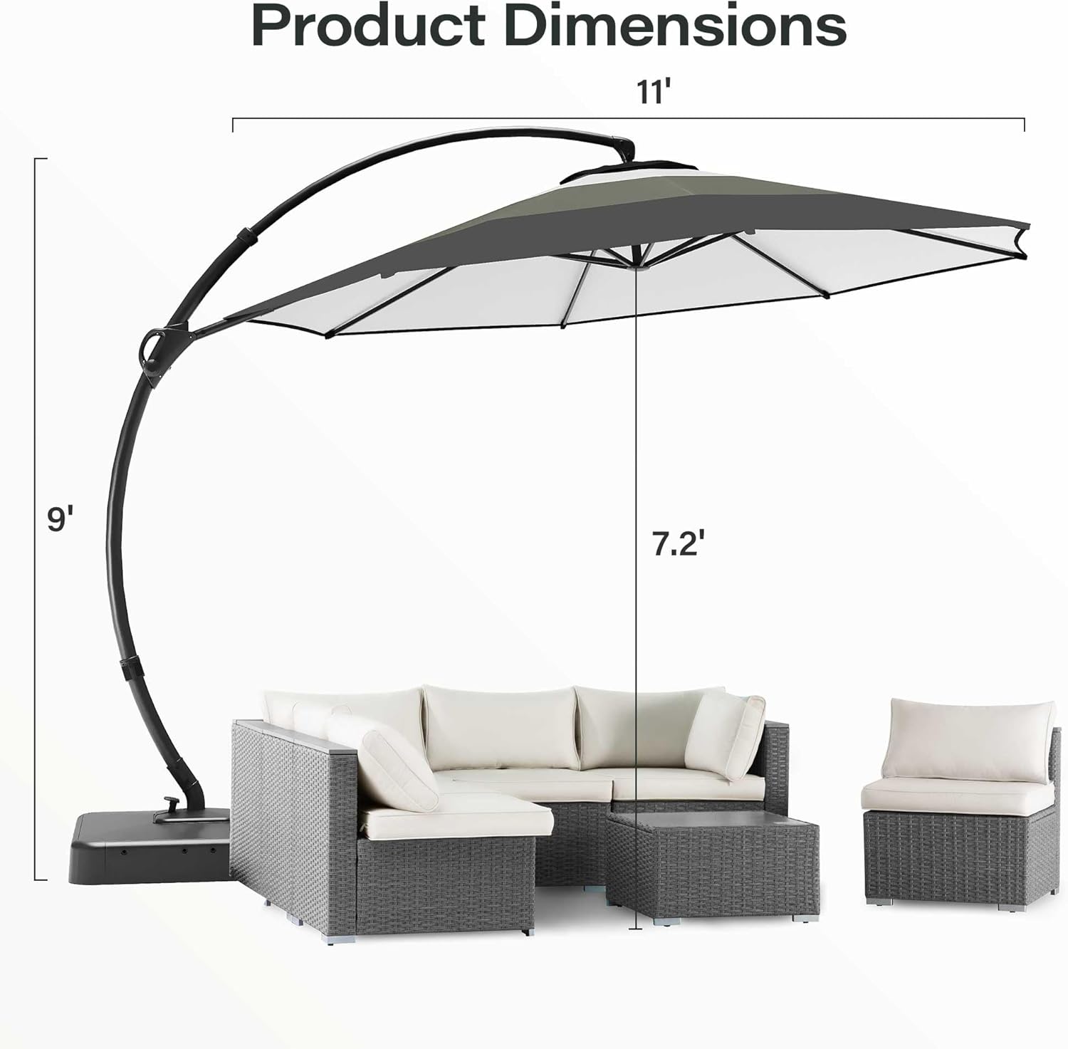 LAUSAINT HOME 11ft Patio Cantilever Umbrella with Base Included, Outdoor Curvy Round Offset Umbrella, Heavy Duty Aluminum, 360° Rotation for Pool, Deck, Lawn, Backyard (Gradient Tan)