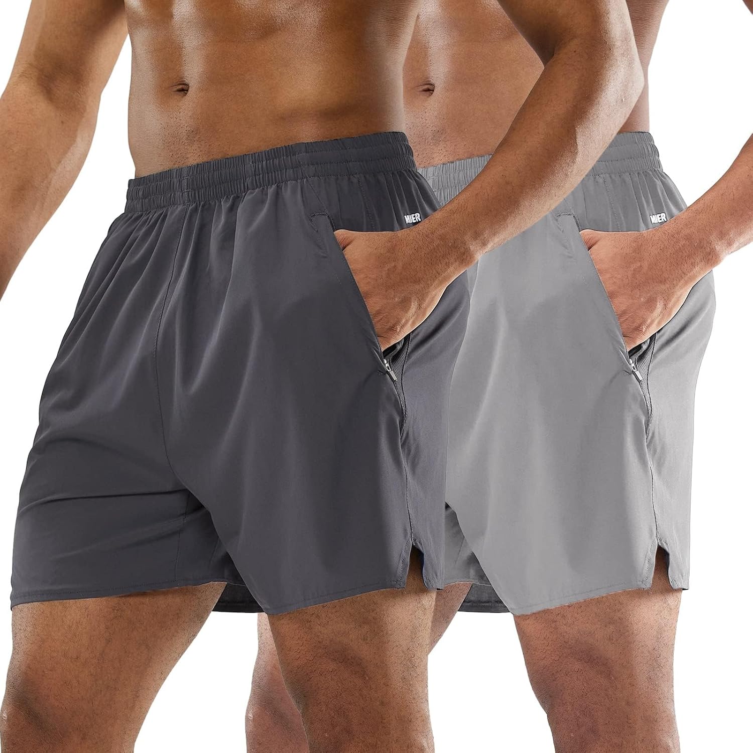MIER 2 Pack Men's 5 Inch Athletic Running Shorts Lightweight Breathable Workout Gym Shorts with Zipper Pockets, No Liner