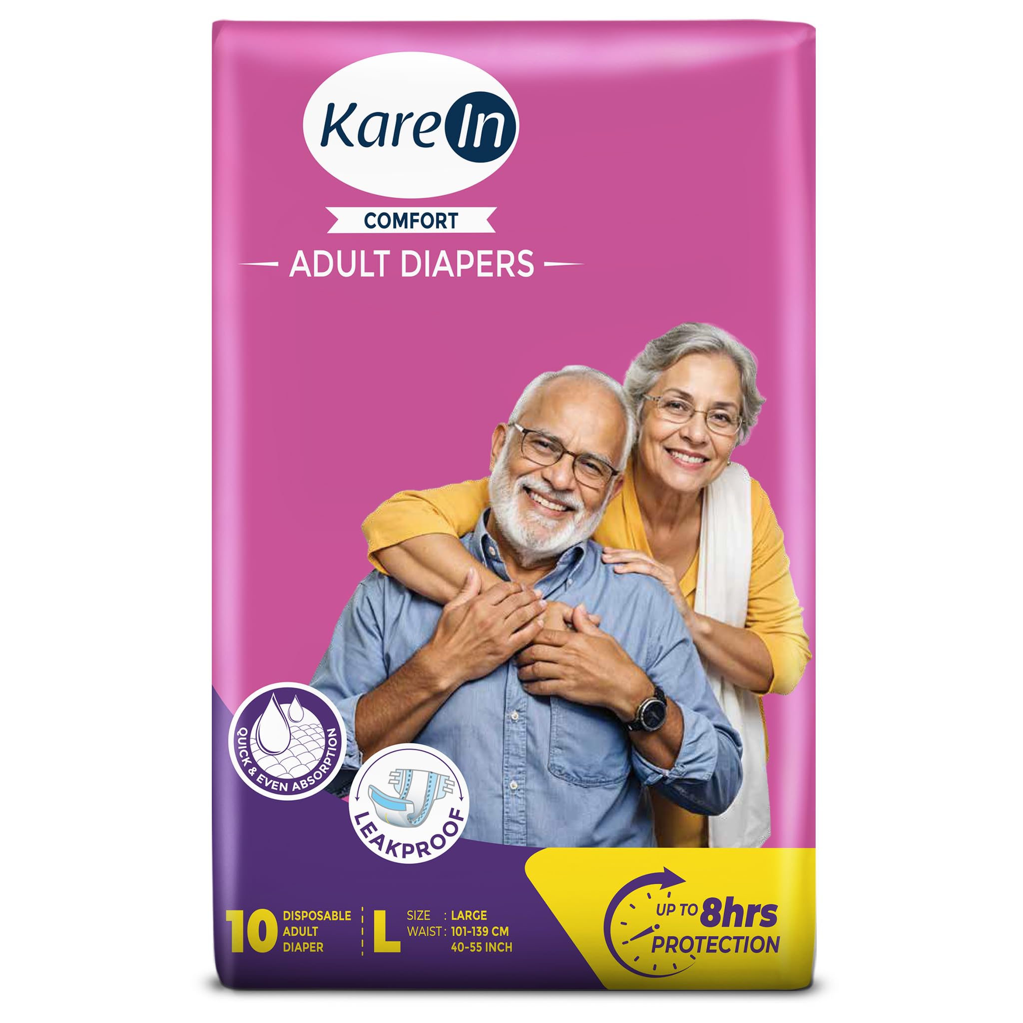 KareIn Comfort Adult Diaper Tape L Size, Large, Waist (101-139 cm 40'-55'), 10 Unit, Long Protection Hour, Unisex, Quick & Even Absorption, Anti-Bacterial, Leakproof, Odour Control, Wetness Indicator