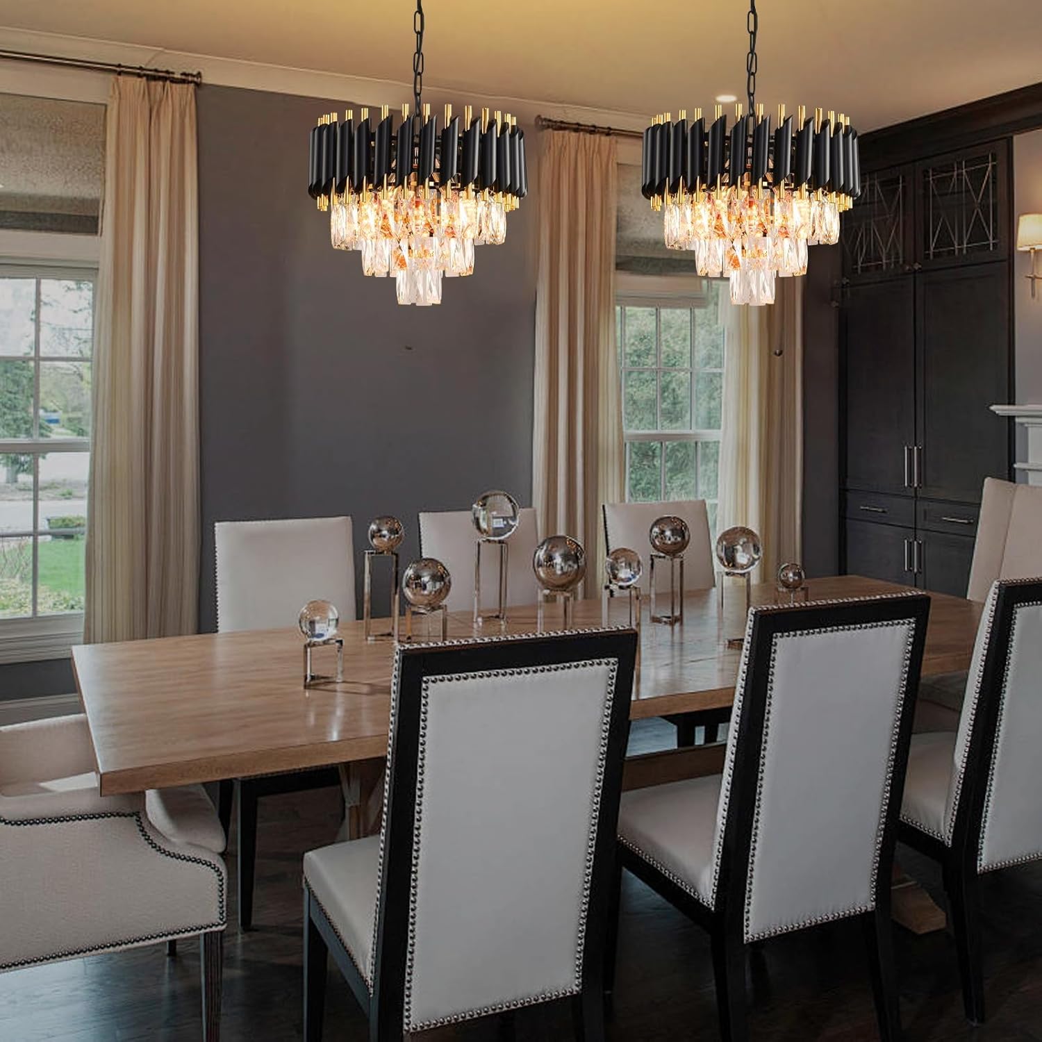 Modern Black and Gold Crystal Chandelier Luxury Round K9 Crystal Chandelier Flush Mount Chandeliers Ideal for Dining Room Living Room Bedroom Foyer Hallway Entryway Kitchen W40cm 3-Tier