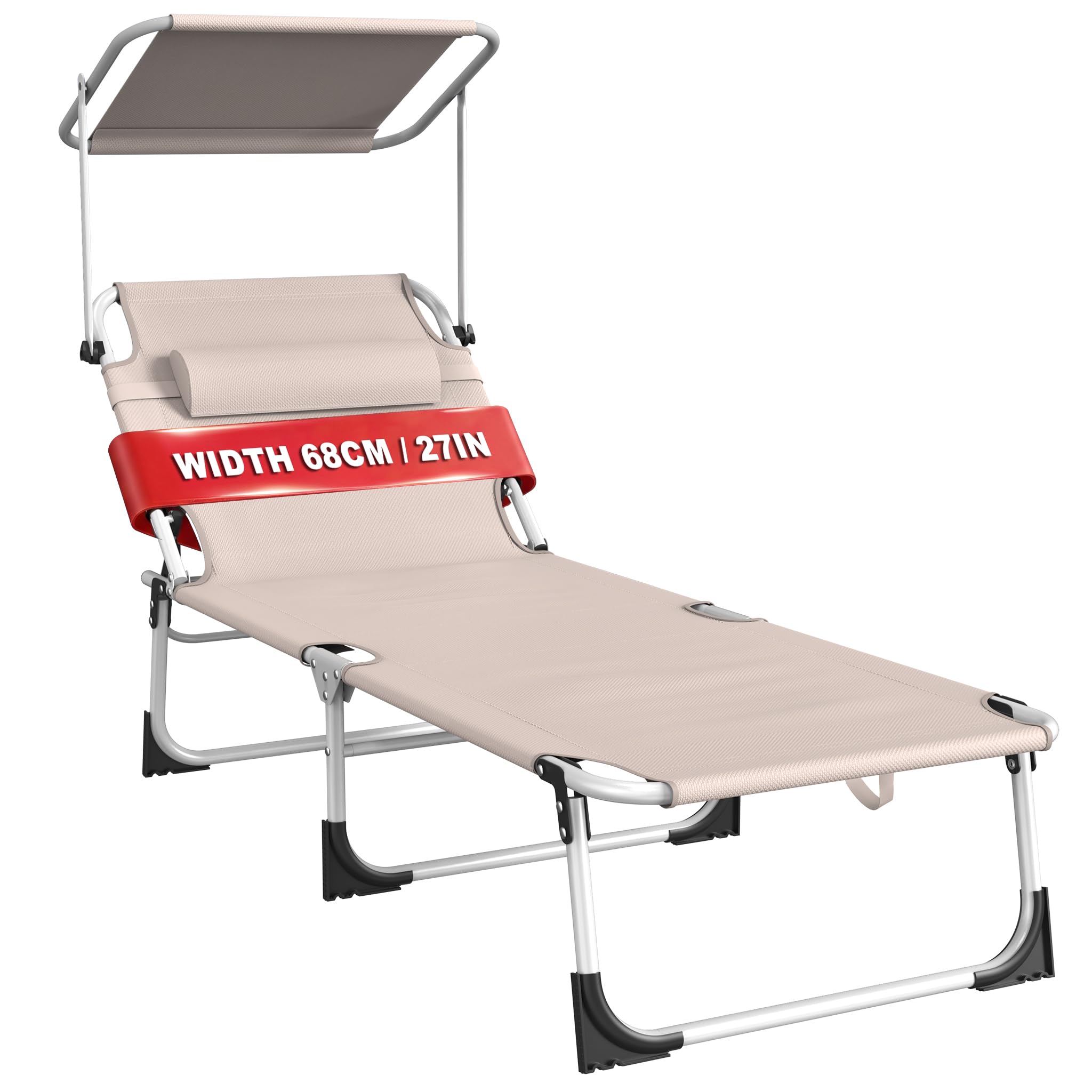 AufuN Sonnenliege Klappbar mit Dach und Seitentasche 195x68 cm Schwarz | Wetterfeste Gartenliege, stabile Strandliege, Sonnenschutz & verstellbare Rückenlehne, bis 100 kg, ideal für Terrasse Campin