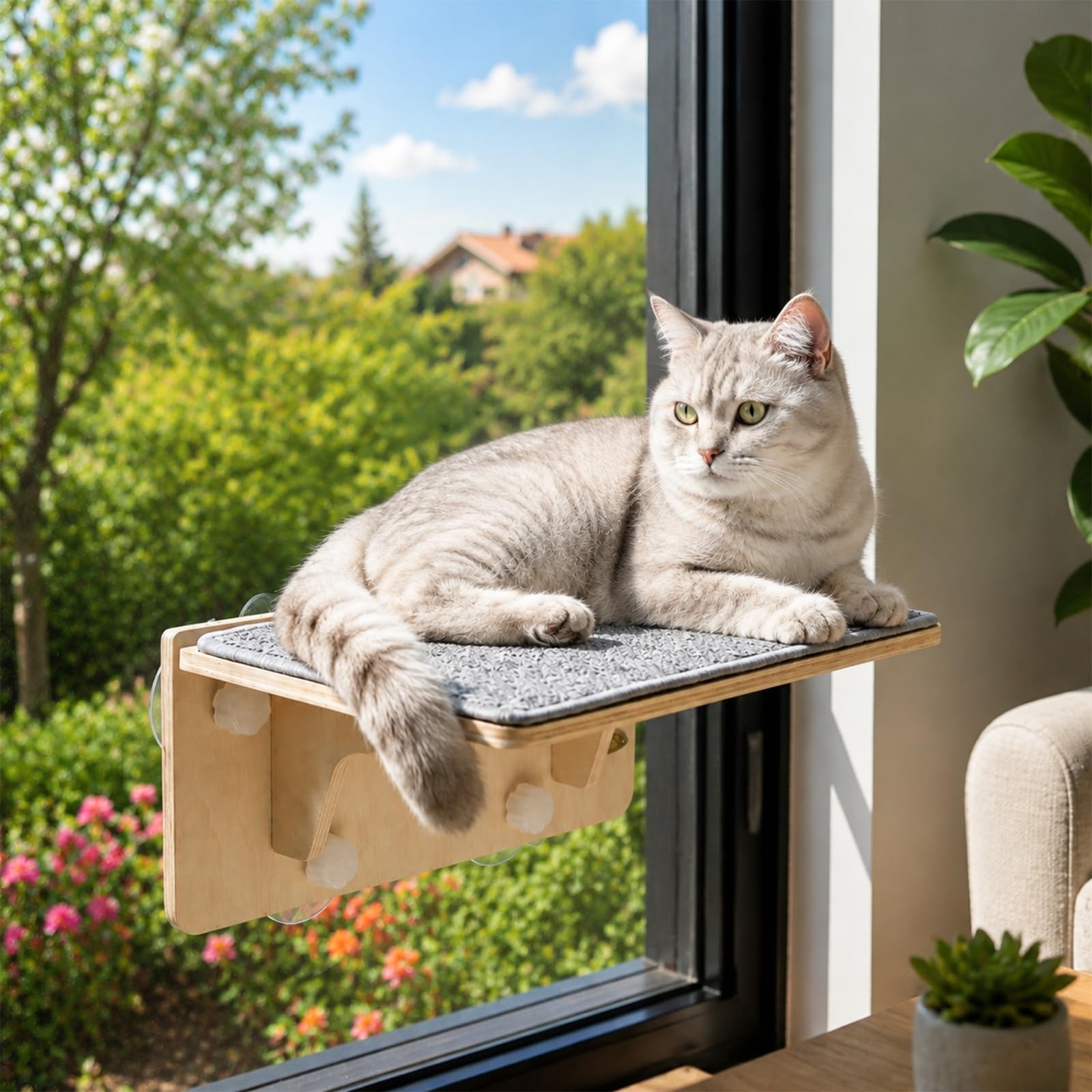 Katzen Fensterliege, Faltbare Katzenhängematte für Fenster, Katzenbett Fenster mit Starke Saugnäpfe, Katzenschaukel mit Abnehmbarem, Waschbarem Filzunterlage für Hauskatzen
