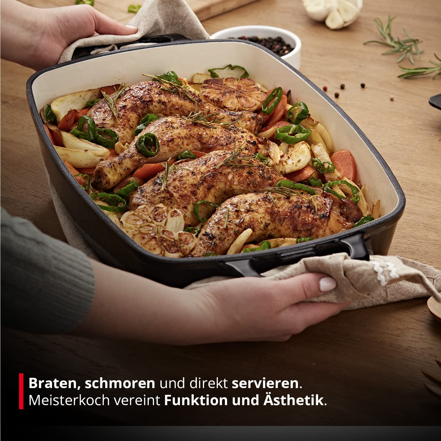 MEISTERKOCH Bräter aus Gusseisen in Schwarz/Creme, 44,5 x 27 cm, 5 Liter Volumen, Induktion, spülmaschinengeeignet, handliche Griffe, auch für Elektroherd, Glaskeramik-Herd und Gasherd