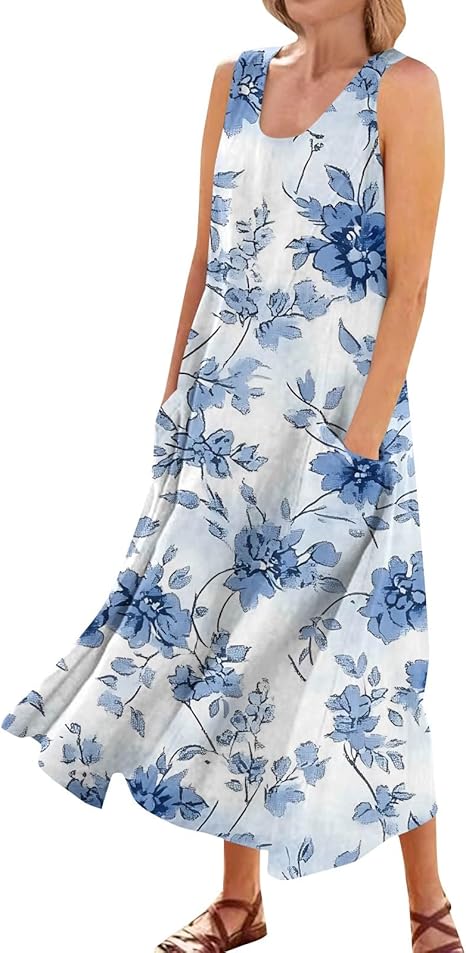 Plus Size Cotton Linen Summer Dresses for Curvy Women 2025 Sleeveless Maxi Vacation Beach Sundresses with Pockets