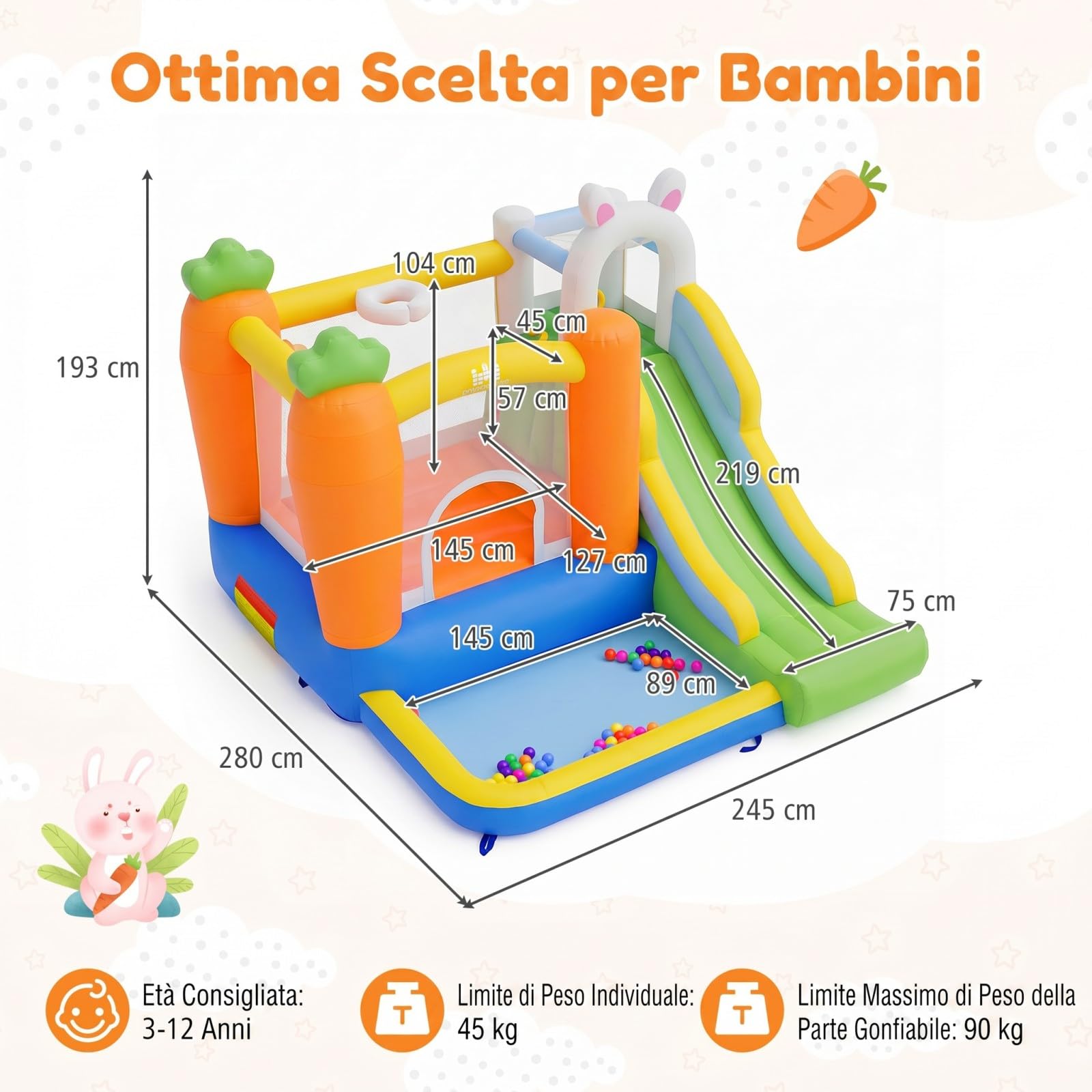 COSTWAY Castello Gonfiabile per Bambini, Casa Gonfiabile per Interno ed Esterno con Trampolino, Scivolo, Piscina con 50 Palline, Parete da Arrampicata e Canestro, per 3-12 Anni (Senza Soffiatore)
